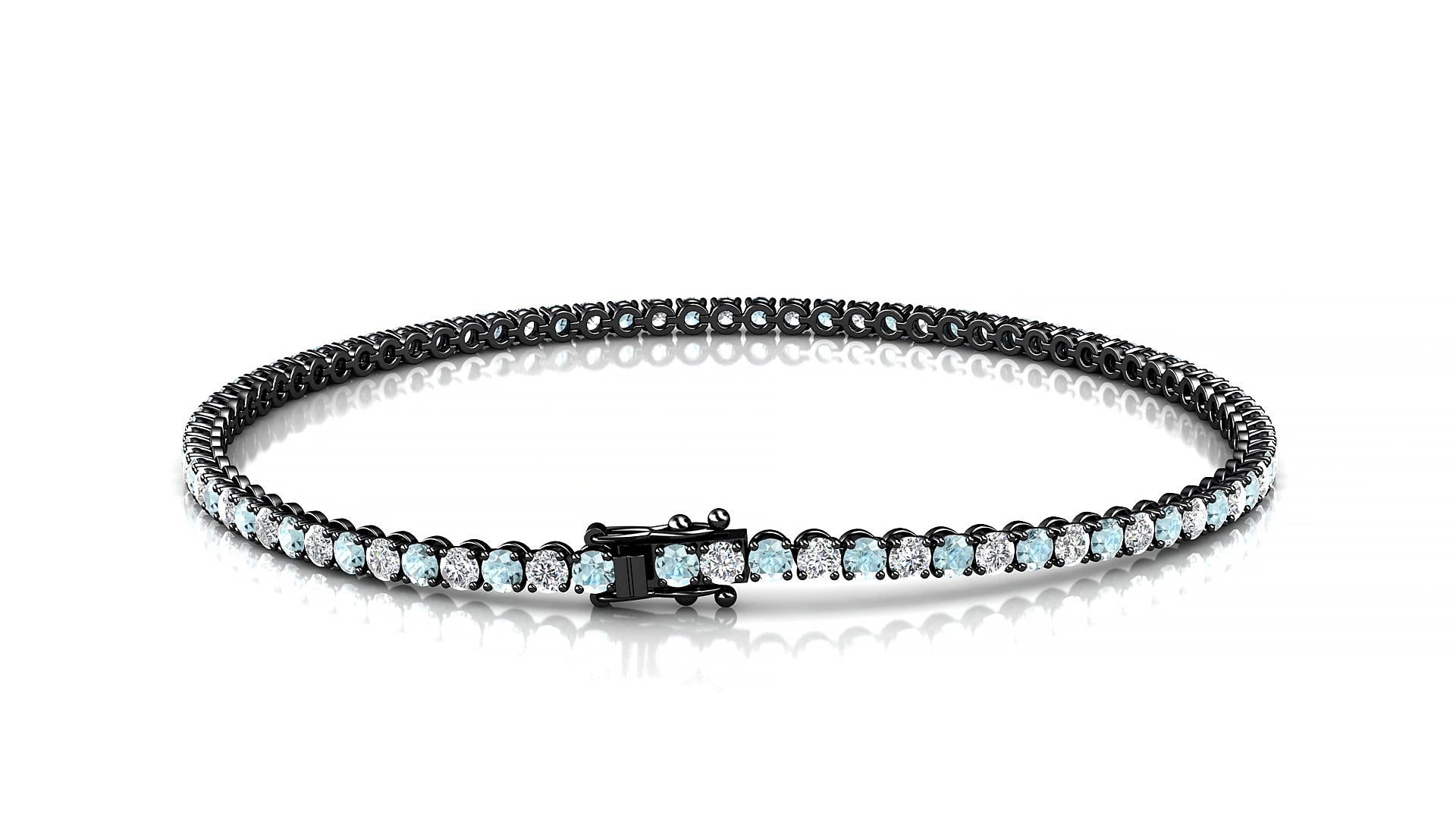 Firenze 1-1 | 18k Black Gold 2 mm Round Natural Aquamarine & Diamond 17 cm Tennis Bracelet
