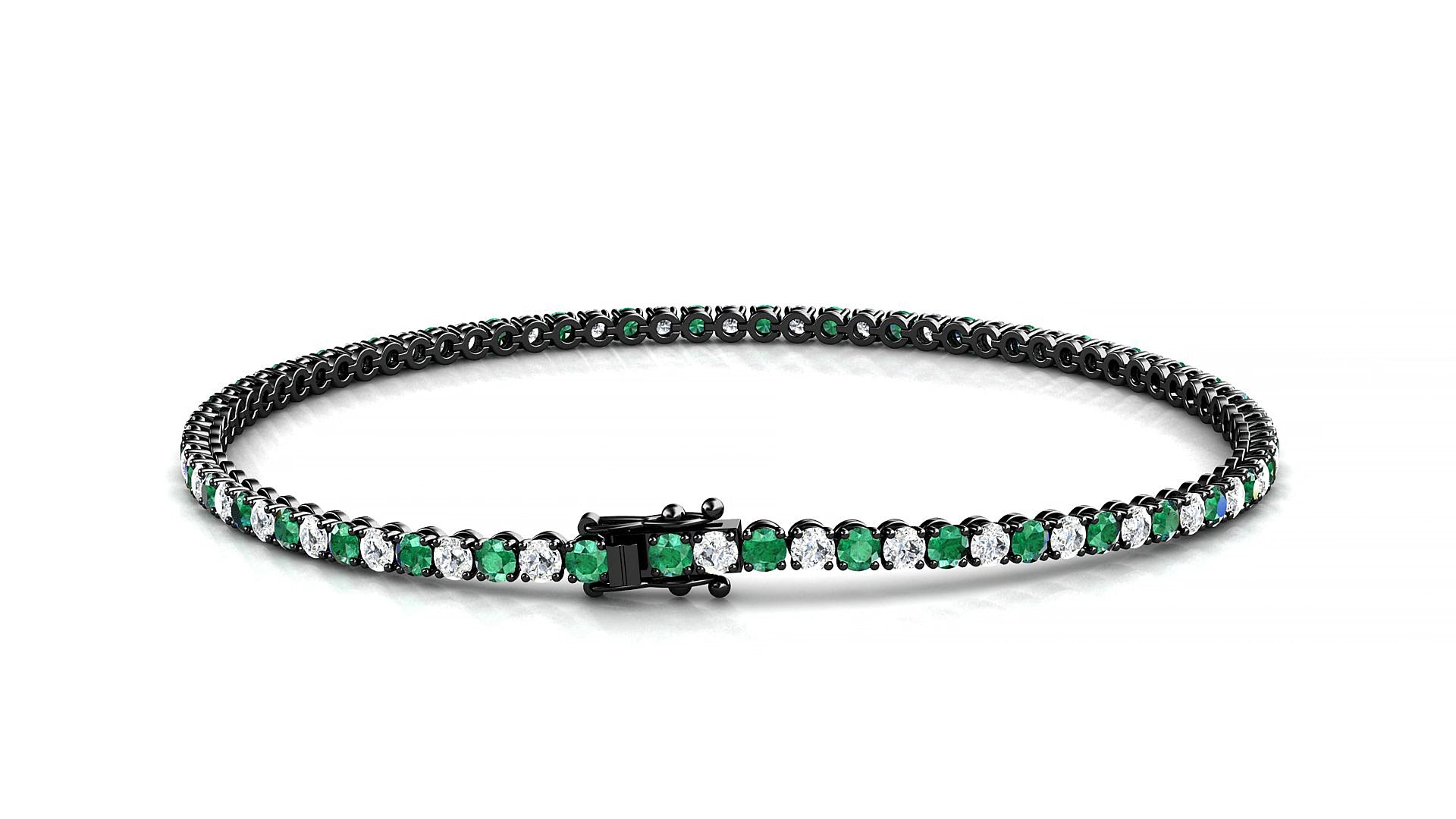 Firenze 1-1 | 18k Black Gold 2 mm Round Natural Emerald & Diamond 15 cm Tennis Bracelet