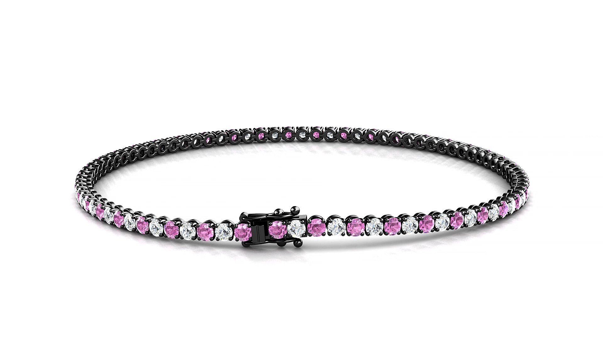 Firenze 1-1 | 18k Black Gold 2 mm Round Natural Pink Sapphire & Diamond 15 cm Tennis Bracelet