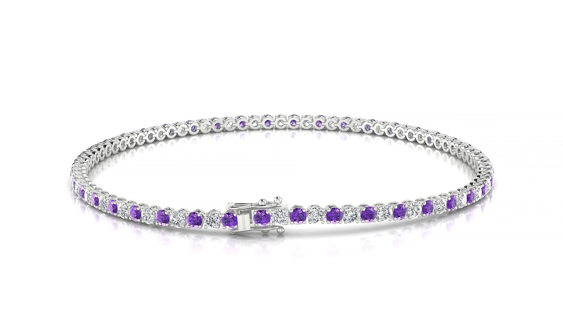 Firenze 1-1 | 18k White Gold 2 mm Round Natural Amethyst & Diamond 19 cm Tennis Bracelet