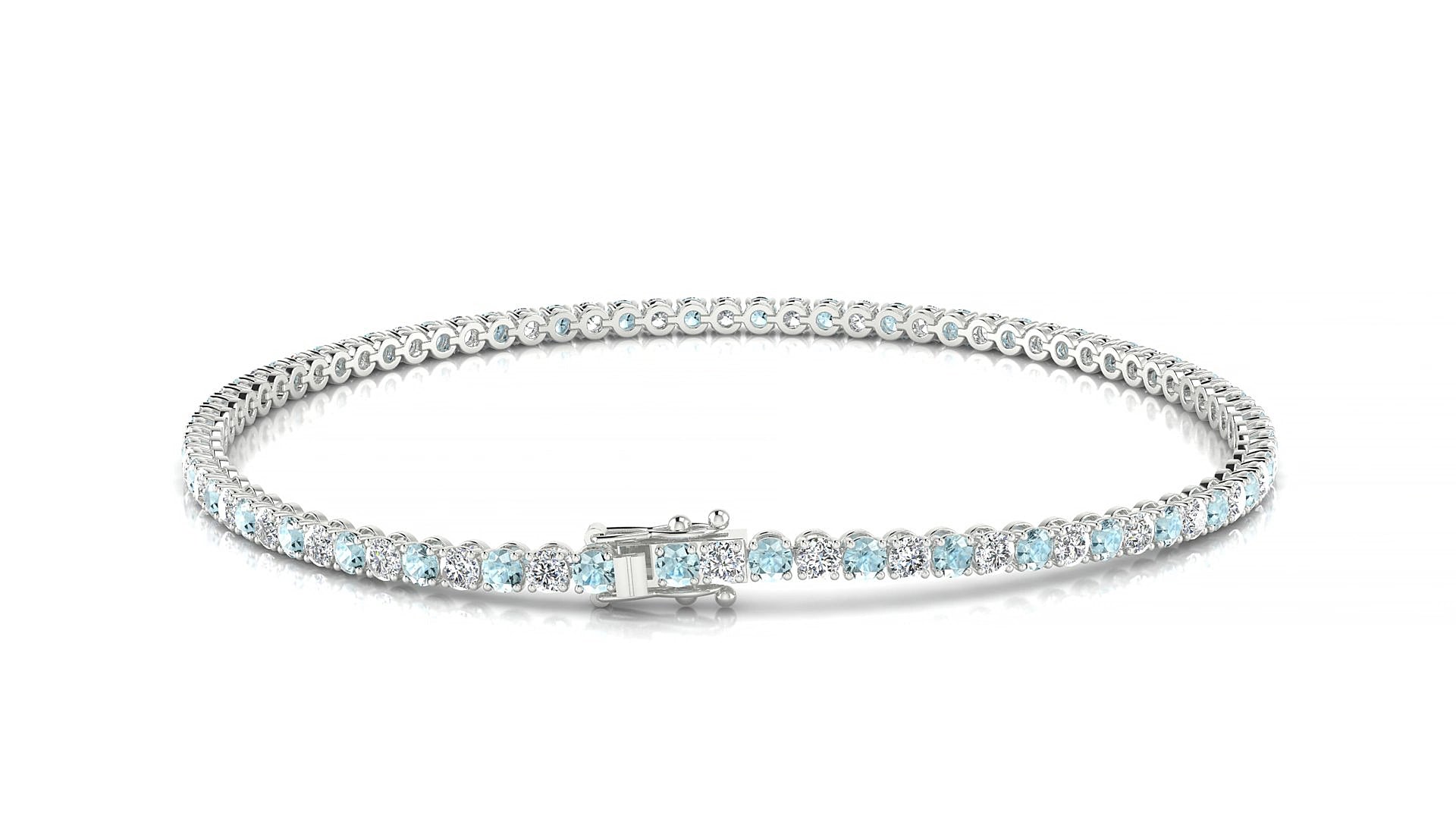 Firenze 1-1 | 18k White Gold 2 mm Round Natural Aquamarine & Diamond 15 cm Tennis Bracelet