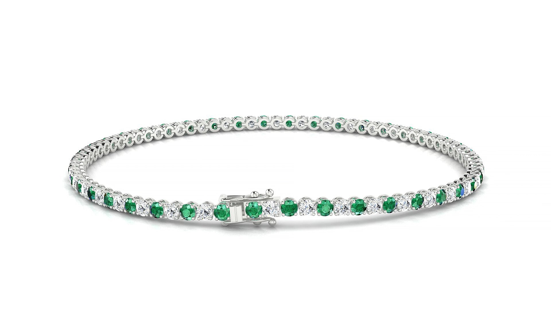 Firenze 1-1 | 18k White Gold 2 mm Round Natural Emerald & Diamond 19 cm Tennis Bracelet