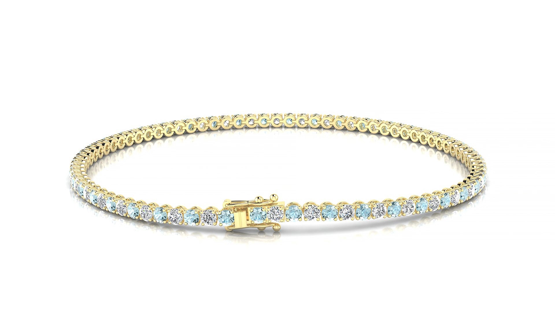 Firenze 1-1 | 18k Yellow Gold 2 mm Round Natural Aquamarine & Diamond 17 cm Tennis Bracelet