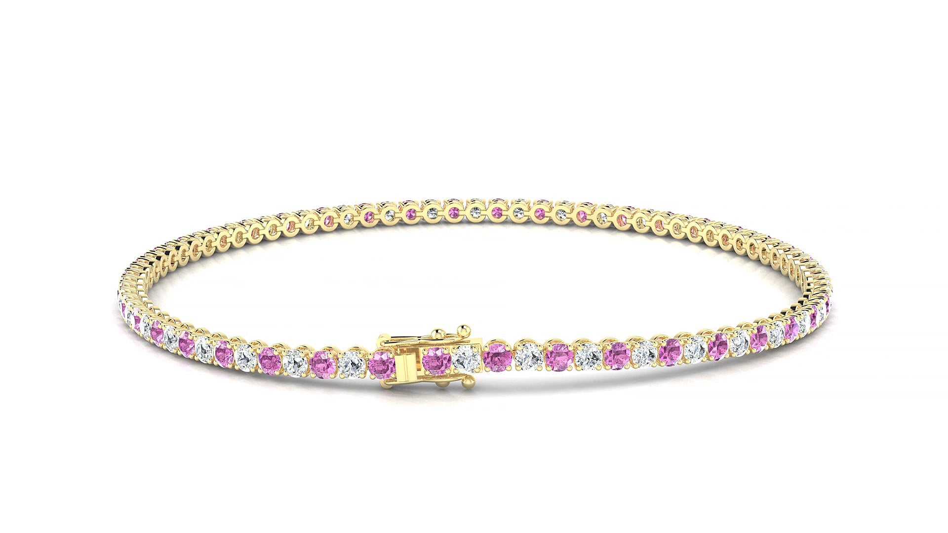 Firenze 1-1 | 18k Yellow Gold 2 mm Round Natural Pink Sapphire & Diamond 15 cm Tennis Bracelet