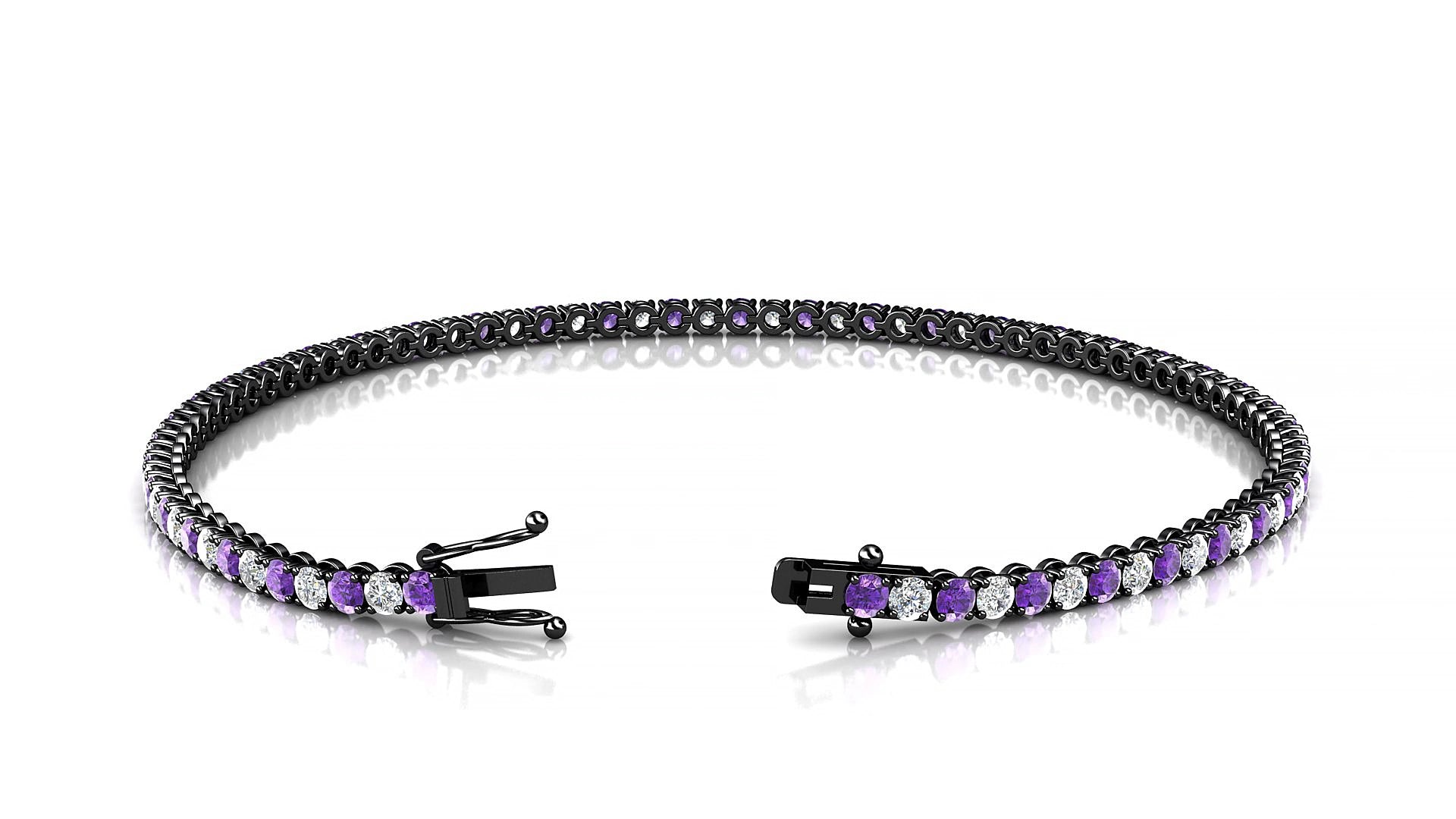 Firenze 1-1 | 18k Black Gold 2 mm Round Natural Amethyst & Diamond 16 cm Tennis Bracelet