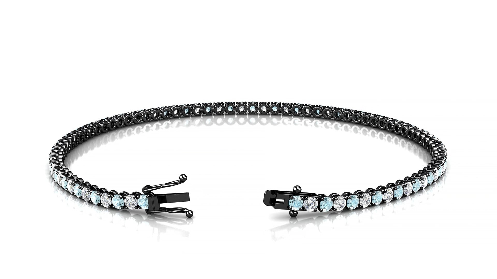 Firenze 1-1 | 18k Black Gold 2 mm Round Natural Aquamarine & Diamond 17 cm Tennis Bracelet