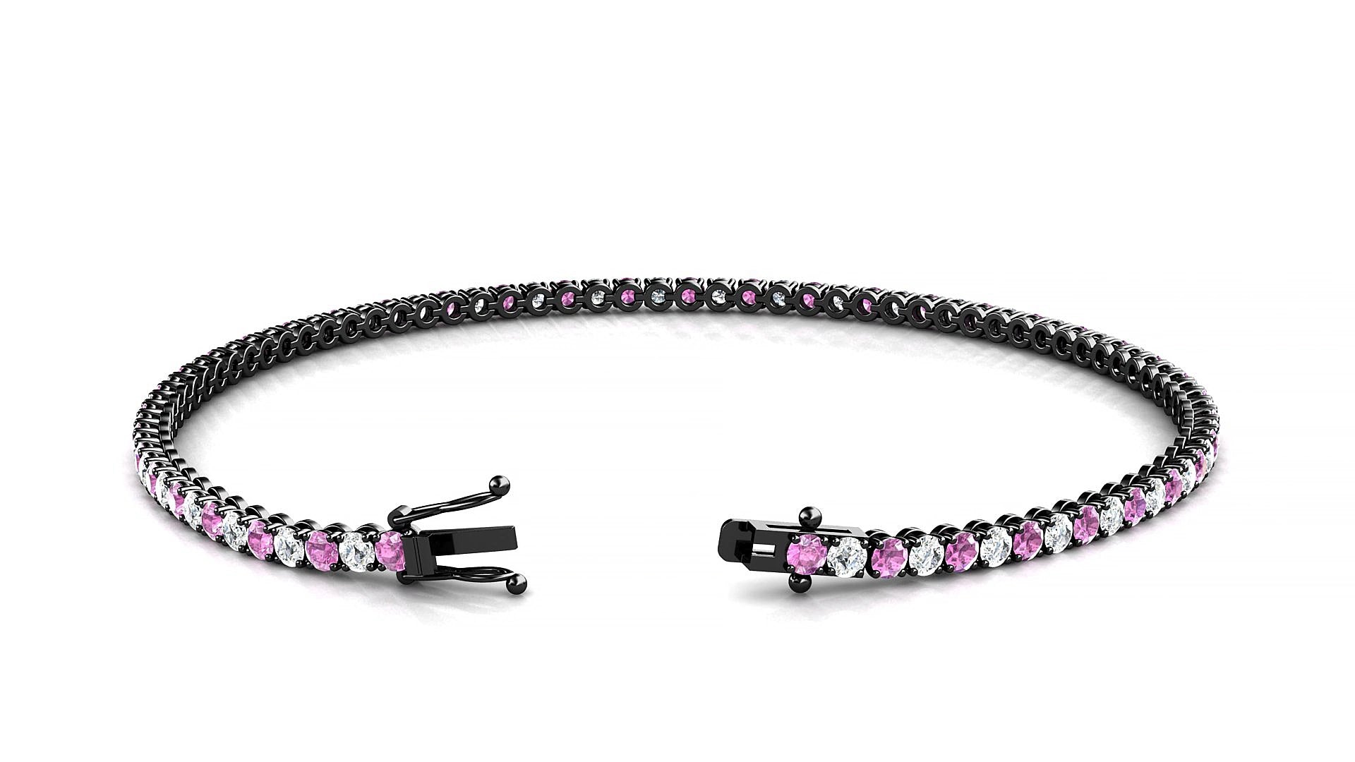 Firenze 1-1 | 18k Black Gold 2 mm Round Natural Pink Sapphire & Diamond 15 cm Tennis Bracelet