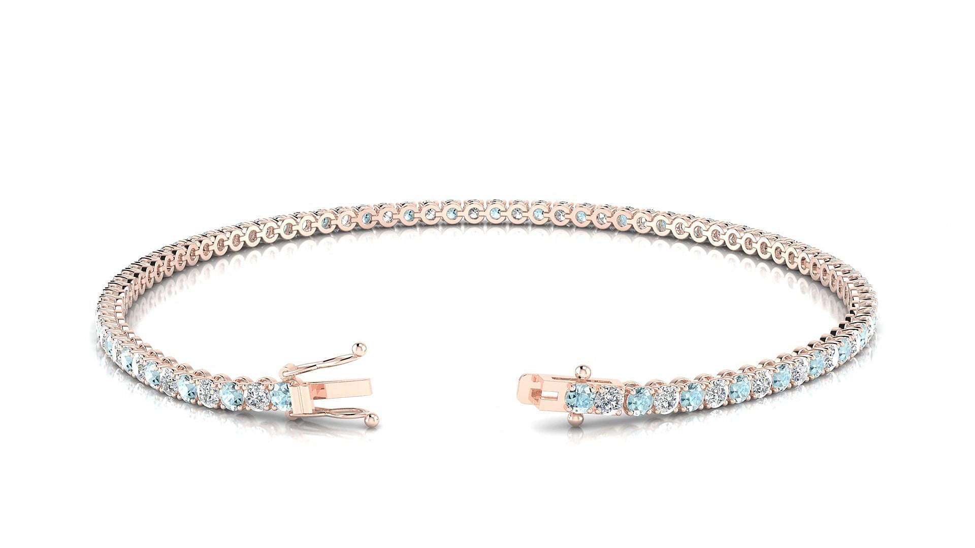 Firenze 1-1 | 18k Rose Gold 2 mm Round Natural Aquamarine & Diamond 17 cm Tennis Bracelet