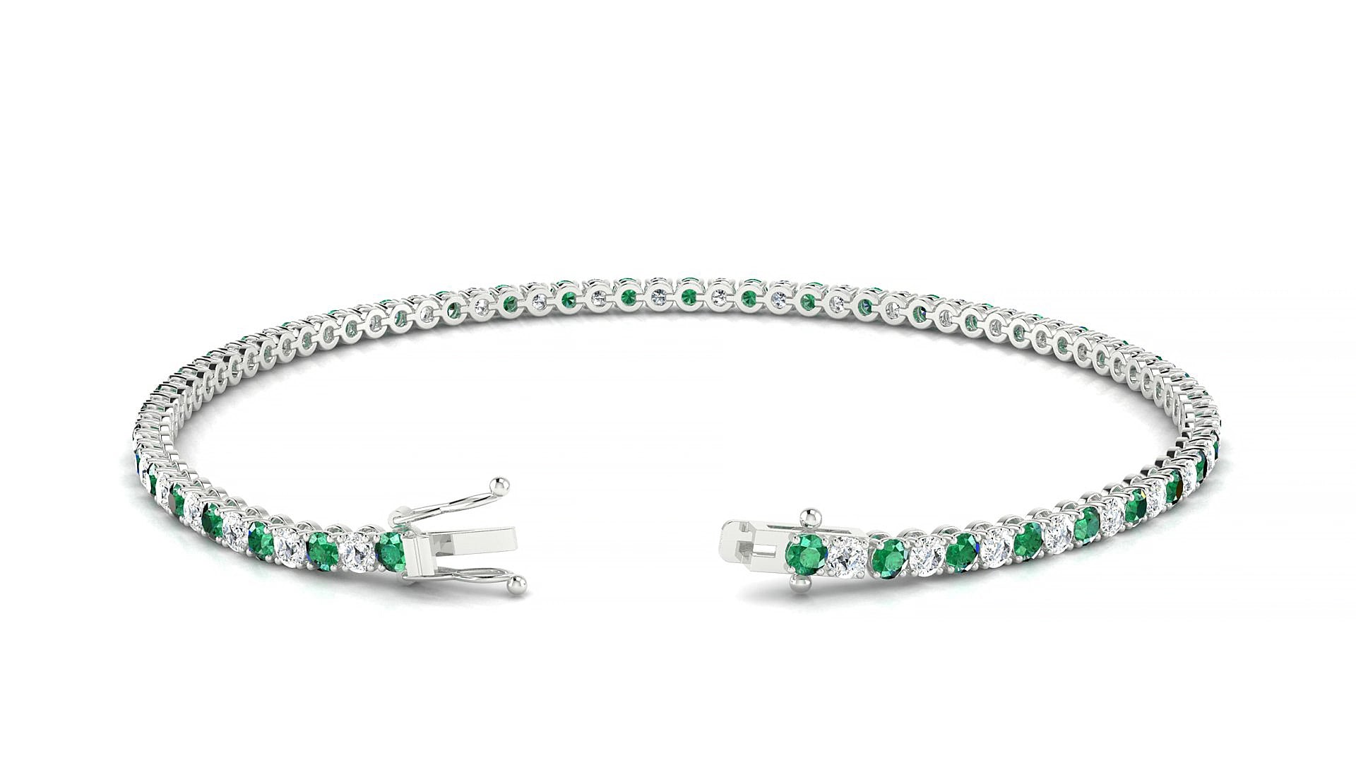 Firenze 1-1 | 18k White Gold 2 mm Round Natural Emerald & Diamond 15 cm Tennis Bracelet