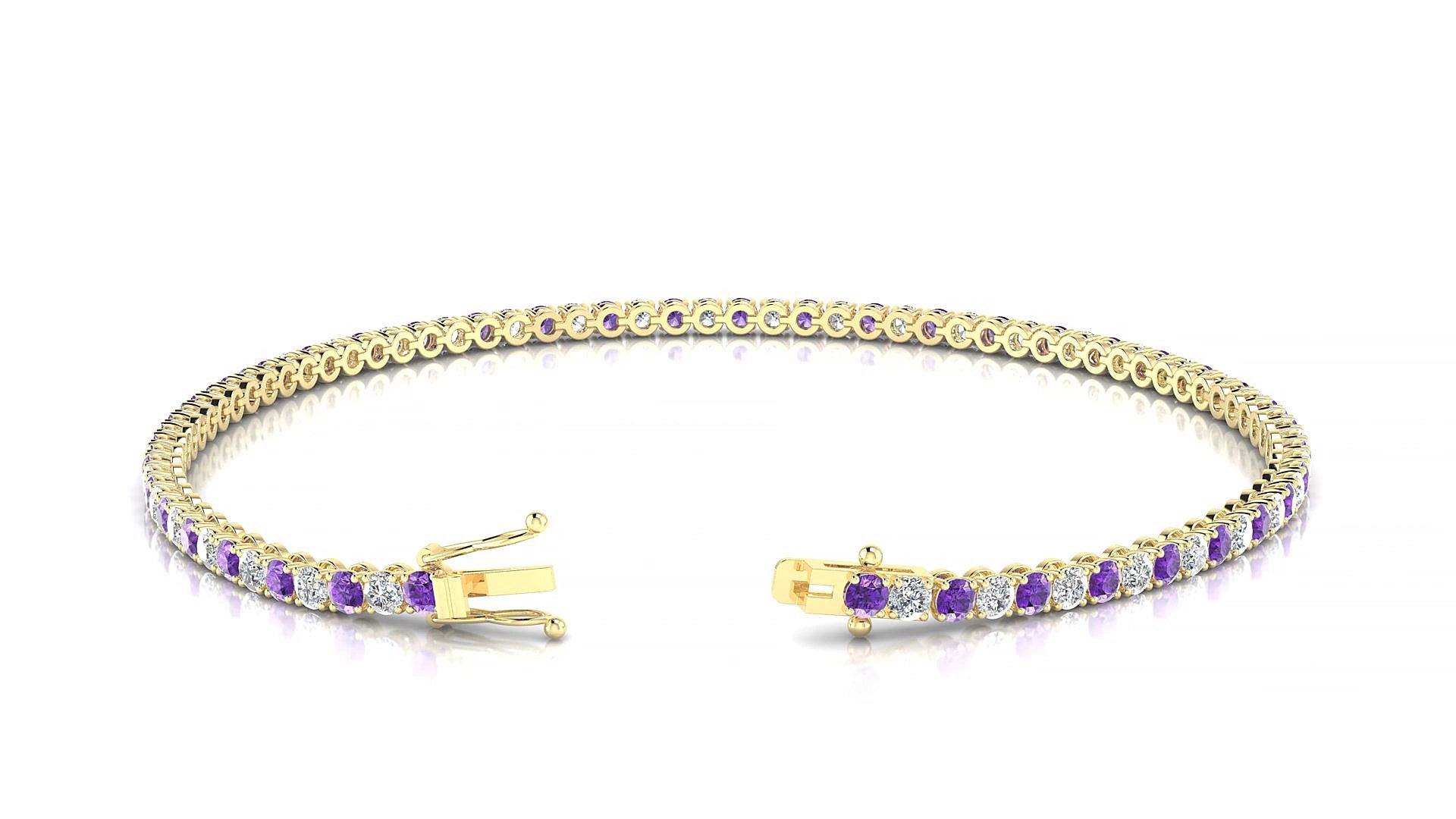Firenze 1-1 | 18k Yellow Gold 2 mm Round Natural Amethyst & Diamond 15 cm Tennis Bracelet