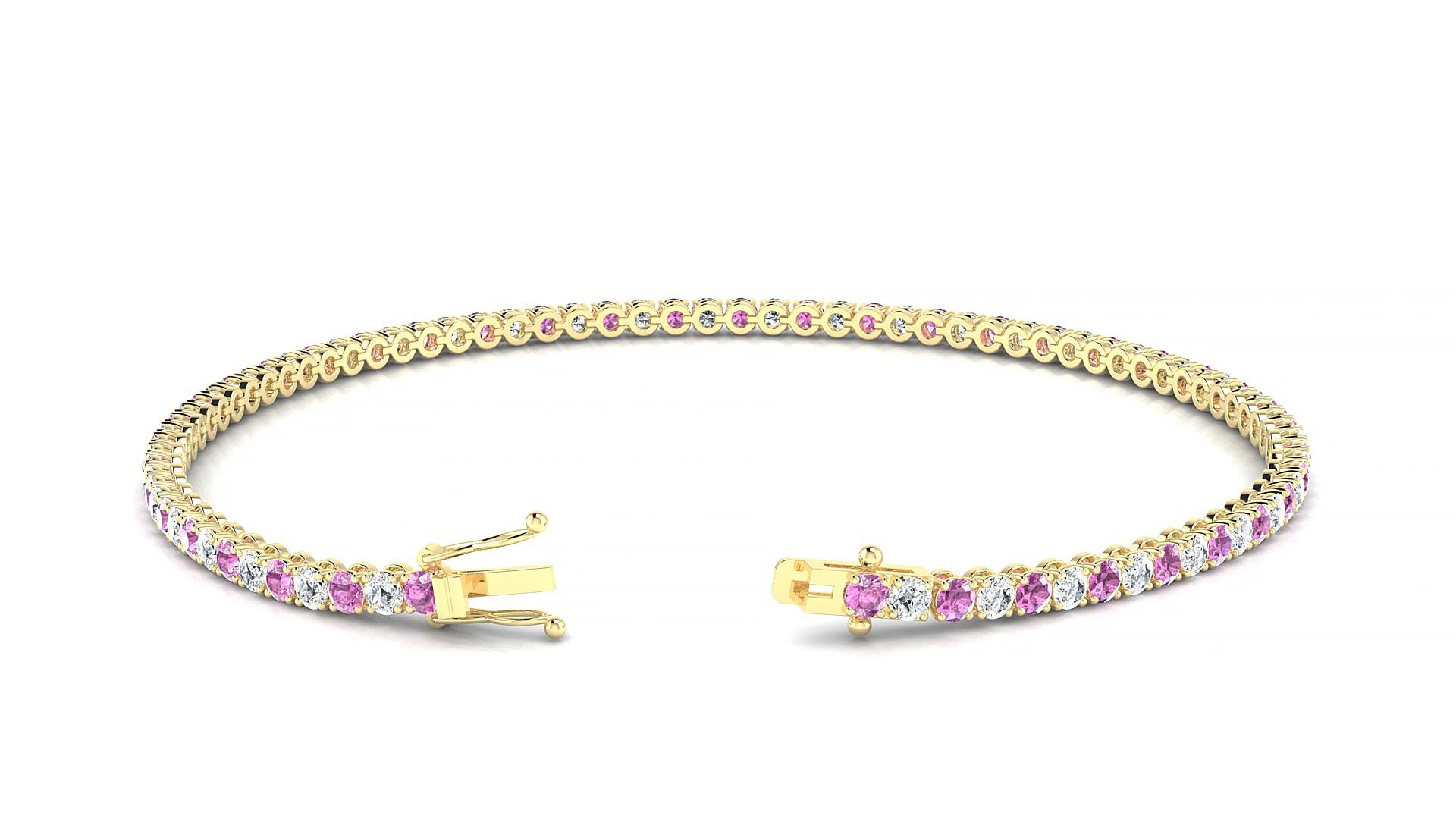 Firenze 1-1 | 18k Yellow Gold 2 mm Round Natural Pink Sapphire & Diamond 15 cm Tennis Bracelet