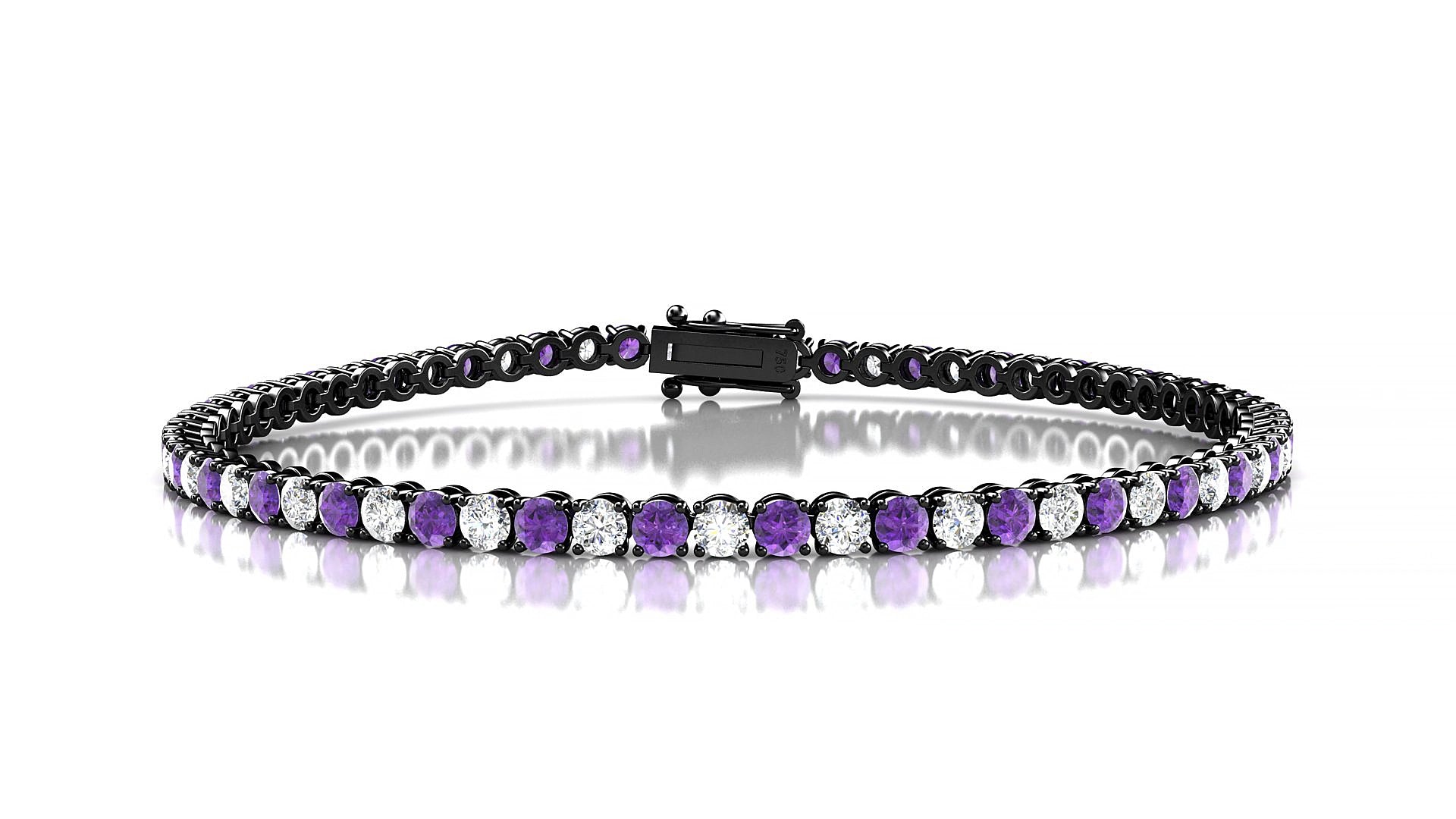 Firenze 1-1 | 18k Black Gold 2.5 mm Round Natural Amethyst & Diamond 17 cm Tennis Bracelet