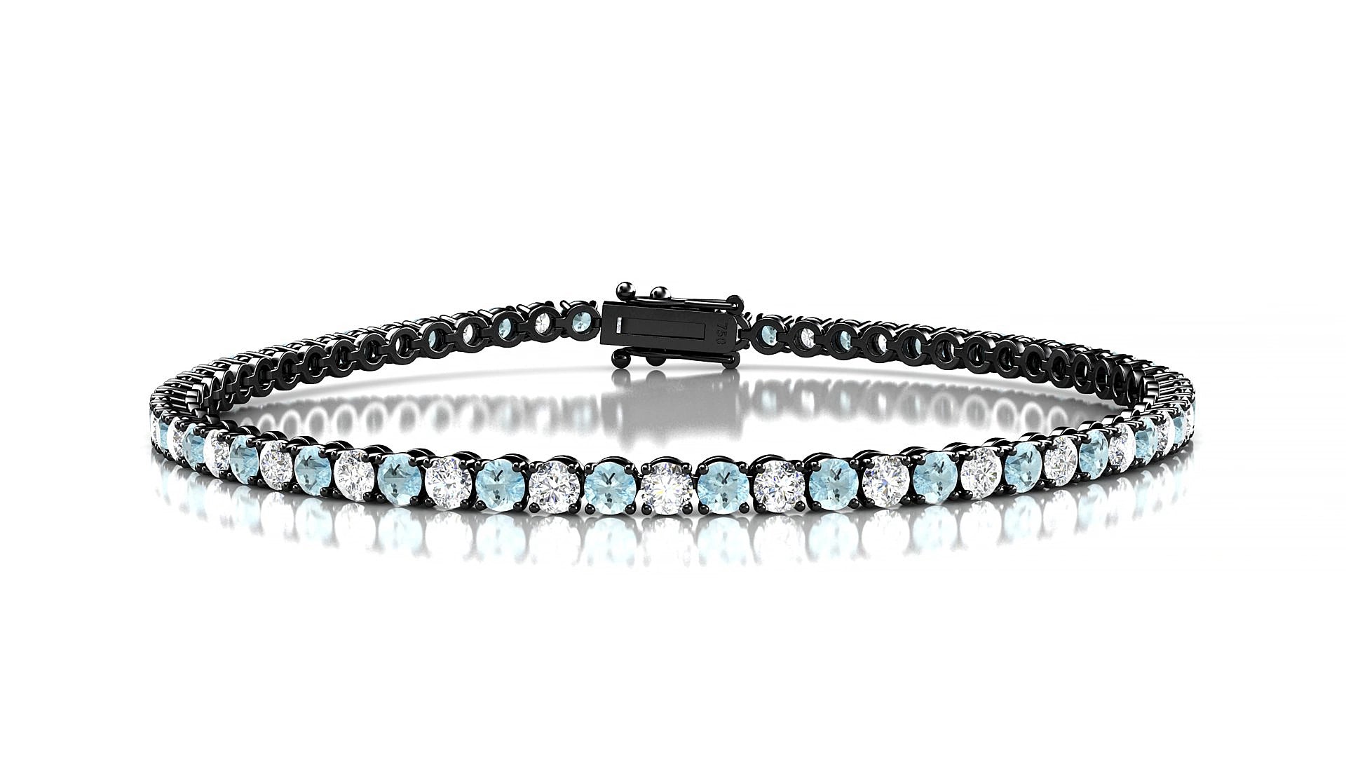 Firenze 1-1 | 18k Black Gold 2.5 mm Round Natural Aquamarine & Diamond 17 cm Tennis Bracelet