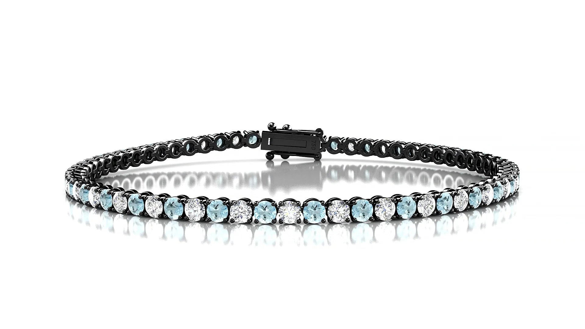 Firenze 1-1 | 18k Black Gold 2.5 mm Round Natural Aquamarine & Diamond Tennis Bracelet