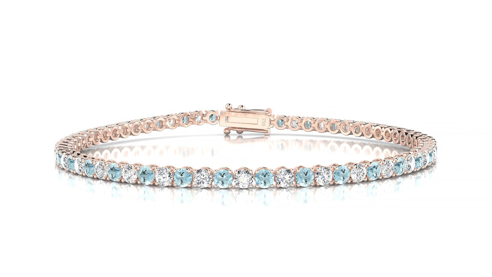 Firenze 1-1 | 18k Rose Gold 2.5 mm Round Natural Aquamarine & Diamond 15 cm Tennis Bracelet