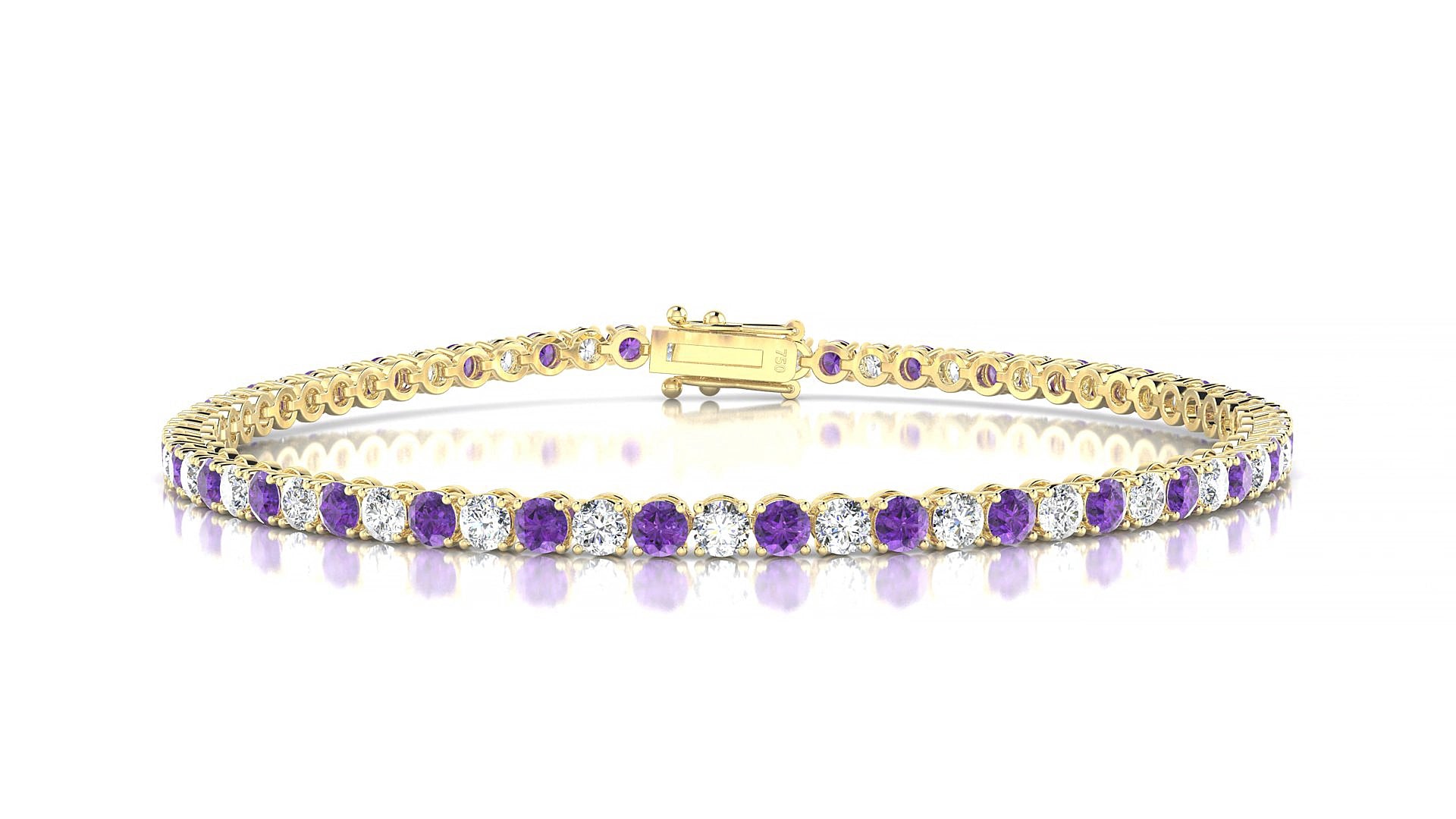 Firenze 1-1 | 18k Yellow Gold 2.5 mm Round Natural Amethyst & Diamond 15 cm Tennis Bracelet