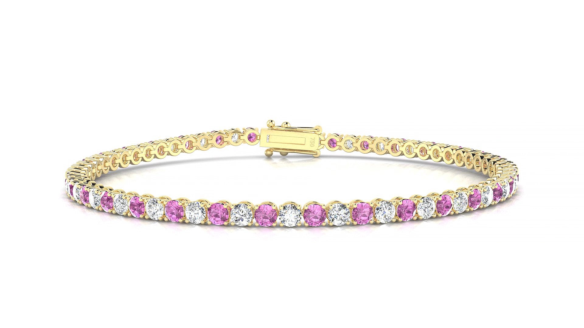 Firenze 1-1 | 18k Yellow Gold 2.5 mm Round Natural Pink Sapphire & Diamond 18 cm Tennis Bracelet