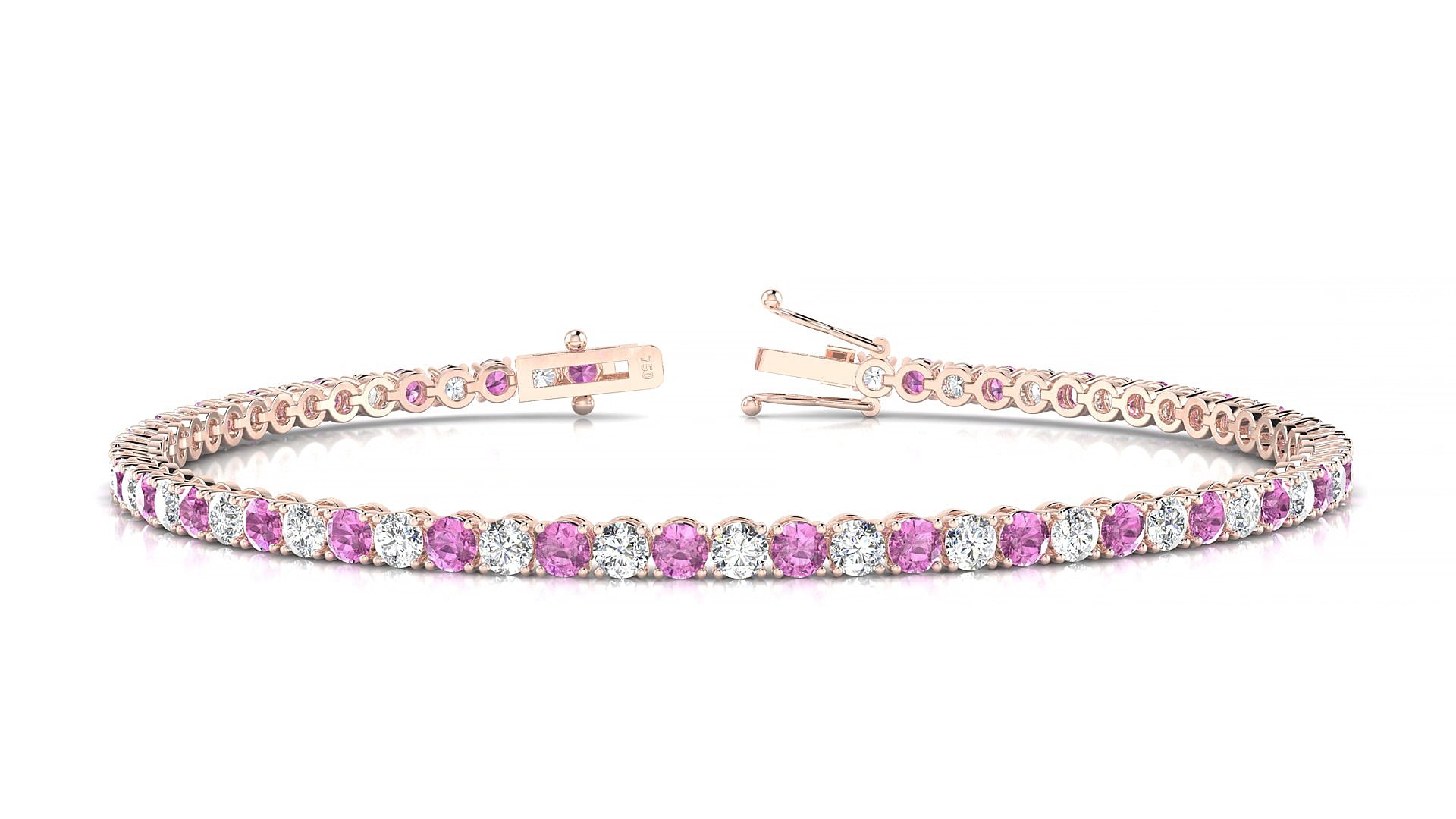 Firenze 1-1 | 18k Rose Gold 2.5 mm Round Natural Pink Sapphire & Diamond 17 cm Tennis Bracelet