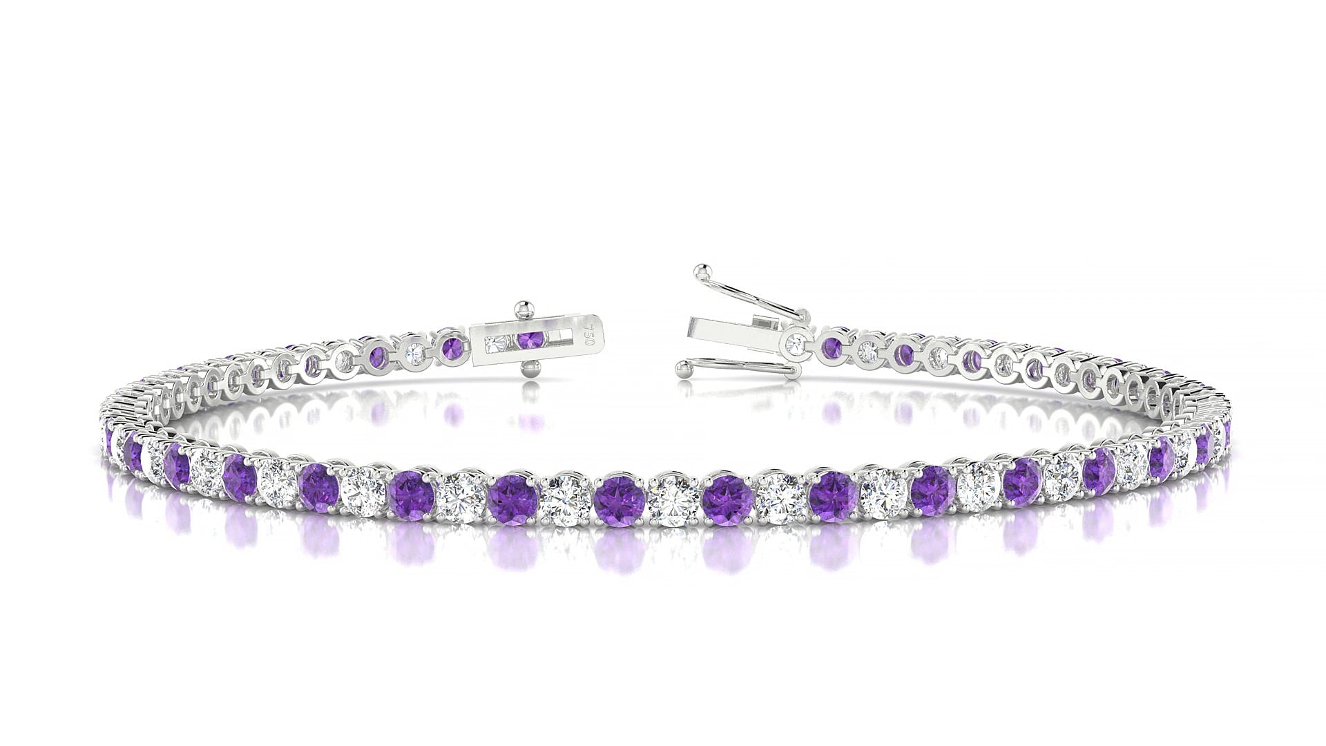 Firenze 1-1 | 18k White Gold 2.5 mm Round Natural Amethyst & Diamond 15 cm Tennis Bracelet