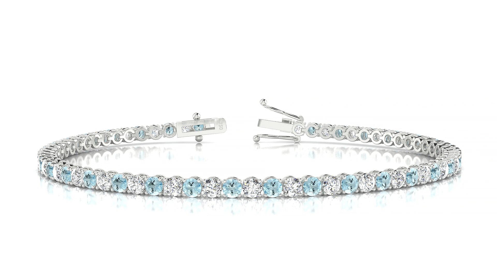 Firenze 1-1 | 18k White Gold 2.5 mm Round Natural Aquamarine & Diamond 18 cm Tennis Bracelet