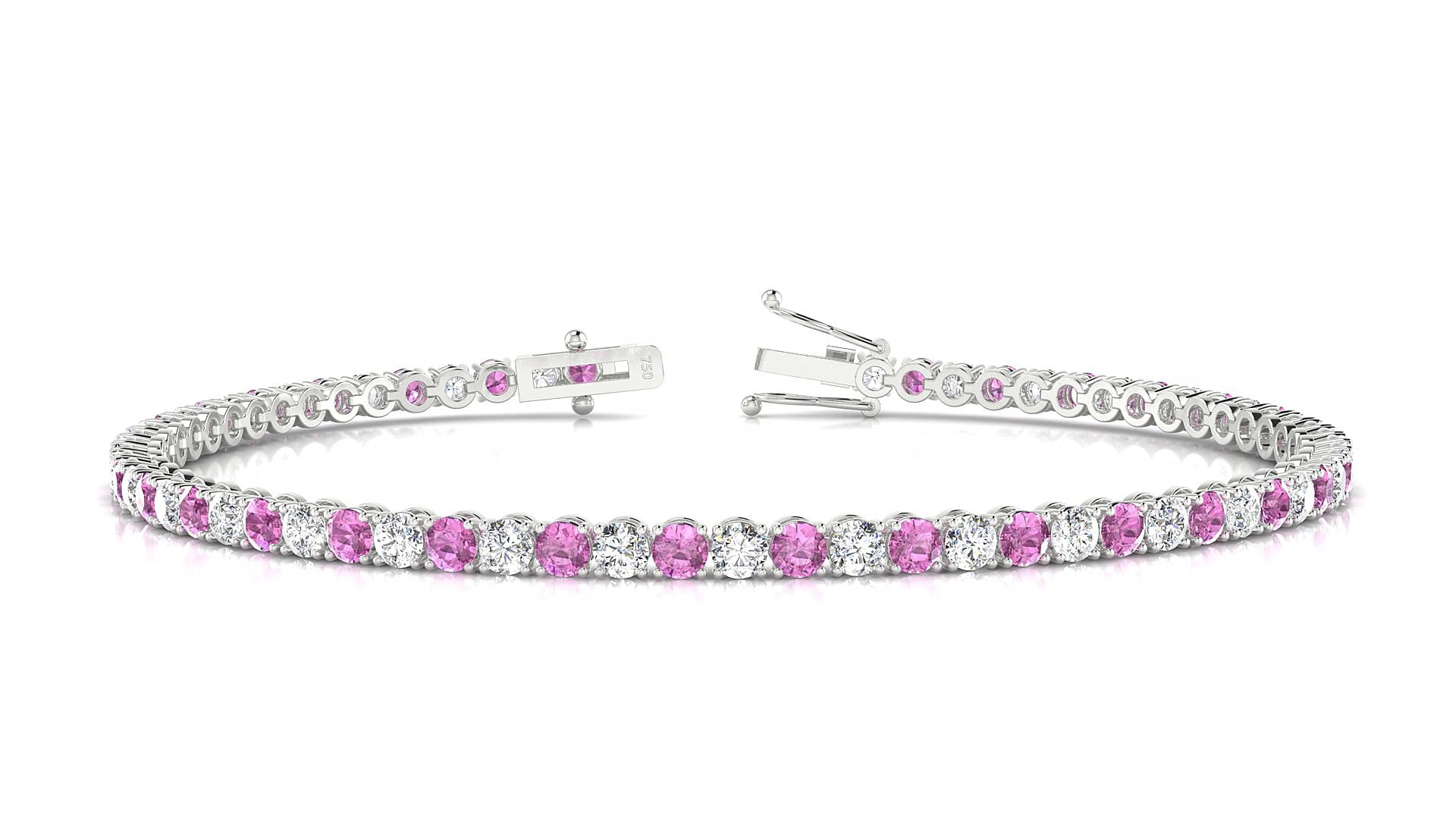 Firenze 1-1 | 18k White Gold 2.5 mm Round Natural Pink Sapphire & Diamond 15 cm Tennis Bracelet