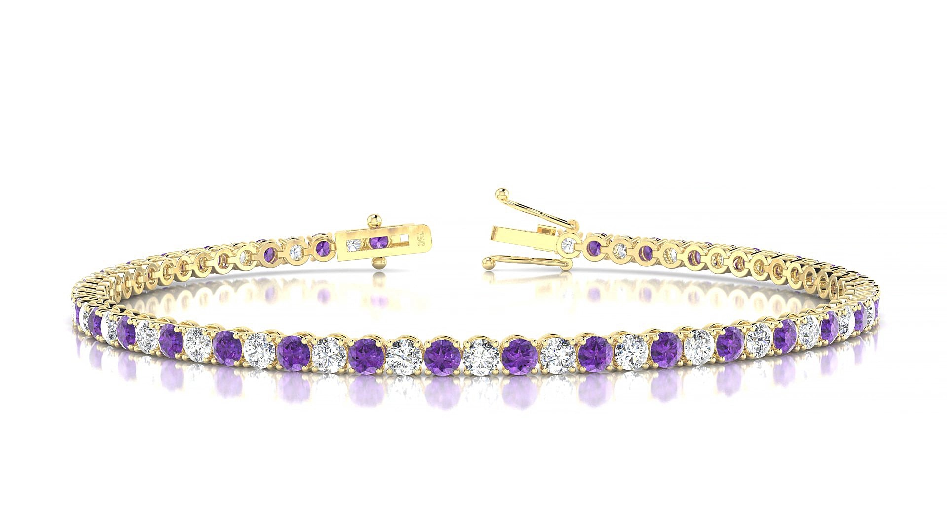 Firenze 1-1 | 18k Yellow Gold 2.5 mm Round Natural Amethyst & Diamond 20 cm Tennis Bracelet