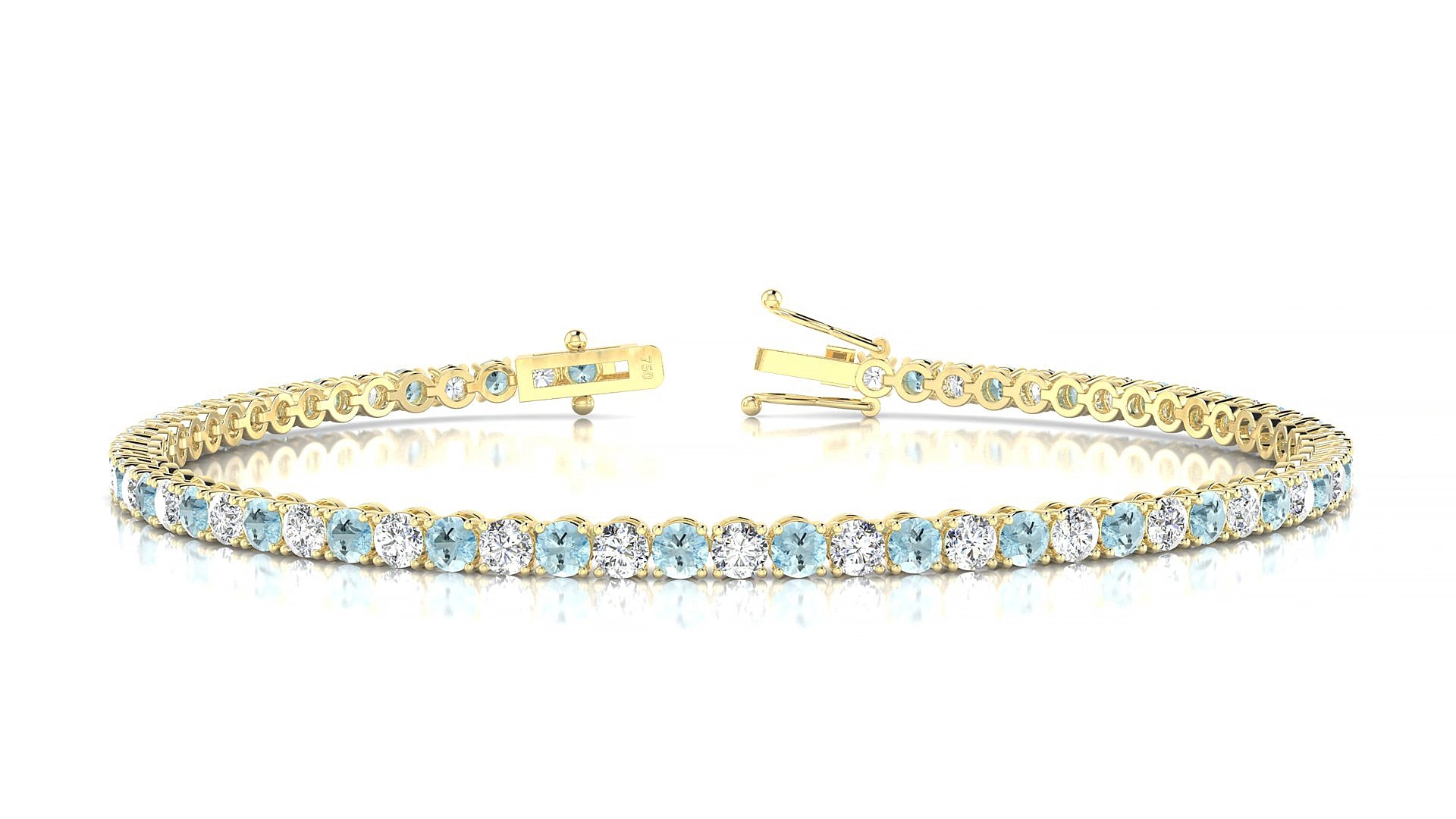 Firenze 1-1 | 18k Yellow Gold 2.5 mm Round Natural Aquamarine & Diamond 17 cm Tennis Bracelet