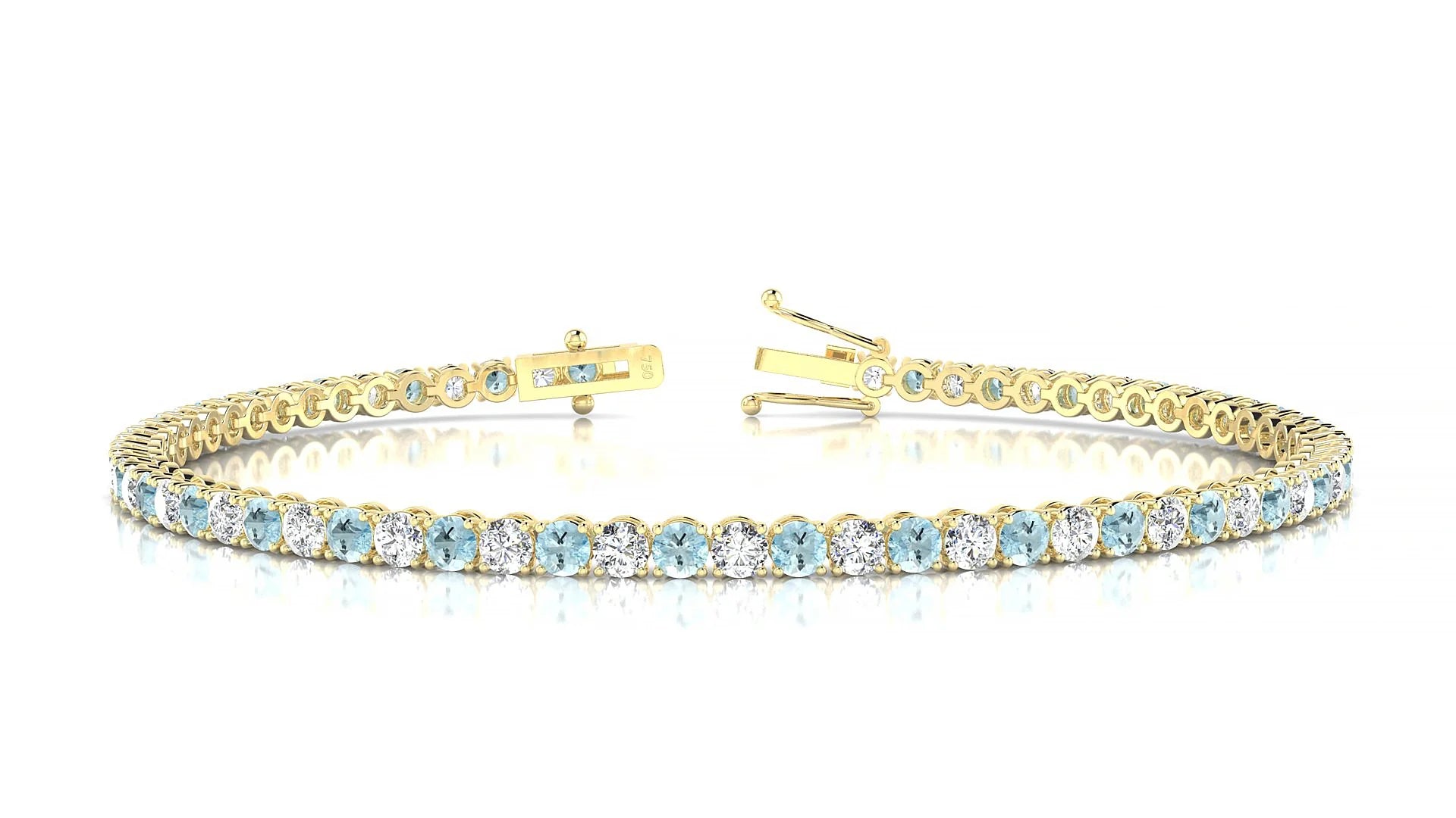 Firenze 1-1 | 18k Yellow Gold 2.5 mm Round Natural Aquamarine & Diamond Tennis Bracelet