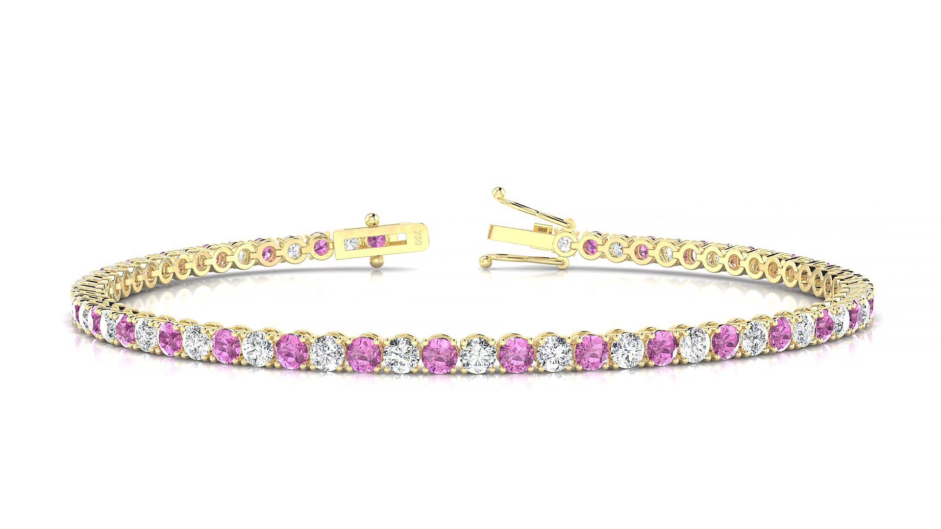 Firenze 1-1 | 18k Yellow Gold 2.5 mm Round Natural Pink Sapphire & Diamond 18 cm Tennis Bracelet