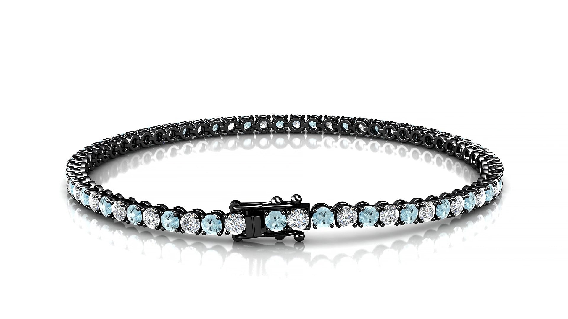 Firenze 1-1 | 18k Black Gold 2.5 mm Round Natural Aquamarine & Diamond 17 cm Tennis Bracelet