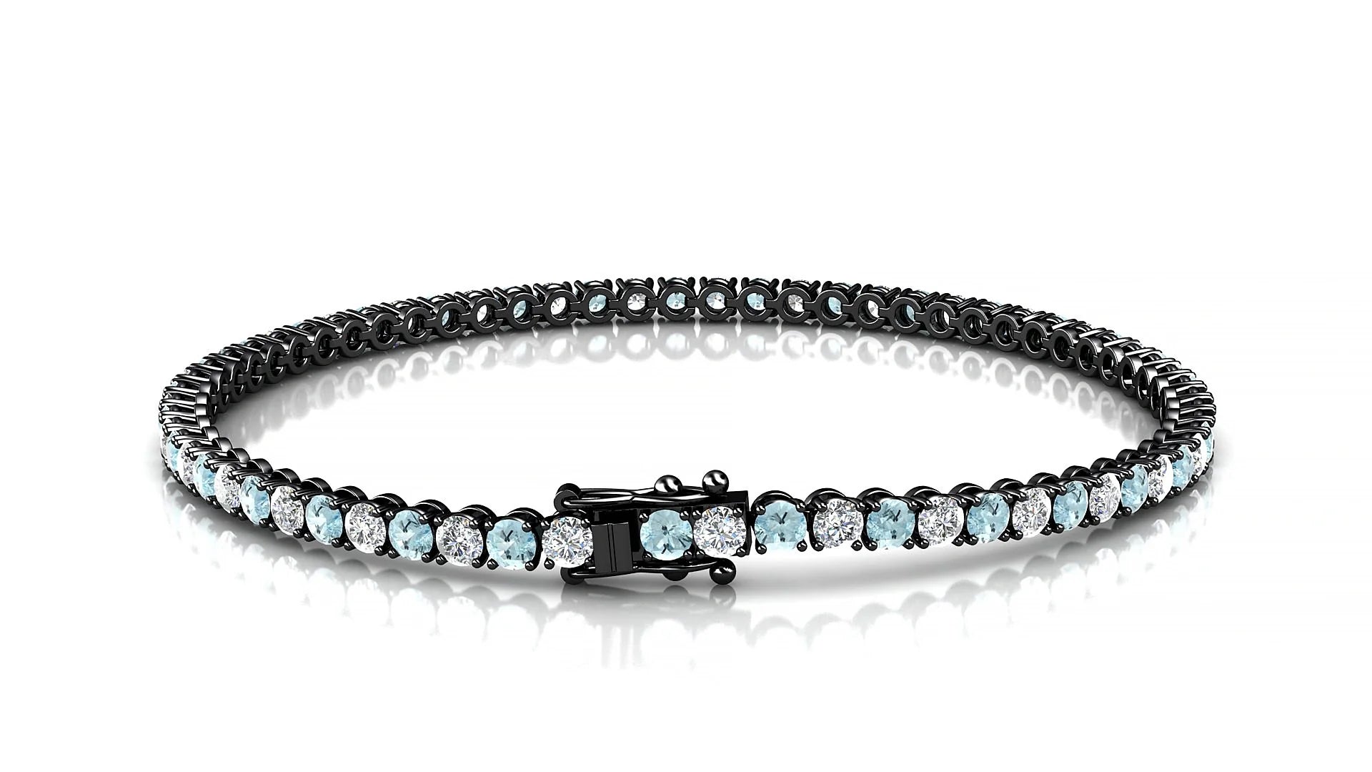Firenze 1-1 | 18k Black Gold 2.5 mm Round Natural Aquamarine & Diamond Tennis Bracelet