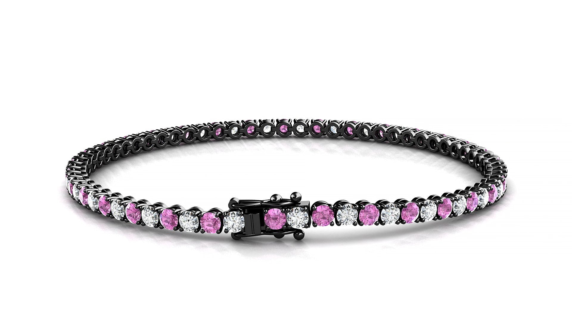Firenze 1-1 | 18k Black Gold 2.5 mm Round Natural Pink Sapphire & Diamond 15 cm Tennis Bracelet