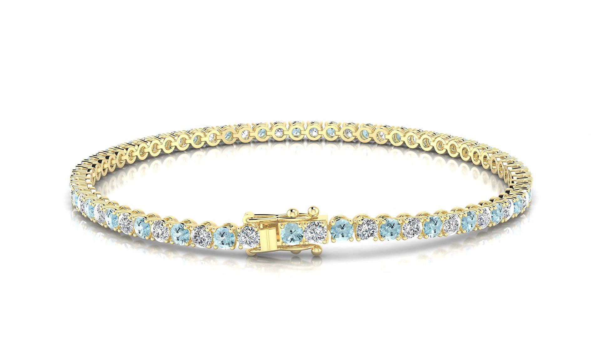 Firenze 1-1 | 18k Yellow Gold 2.5 mm Round Natural Aquamarine & Diamond 17 cm Tennis Bracelet