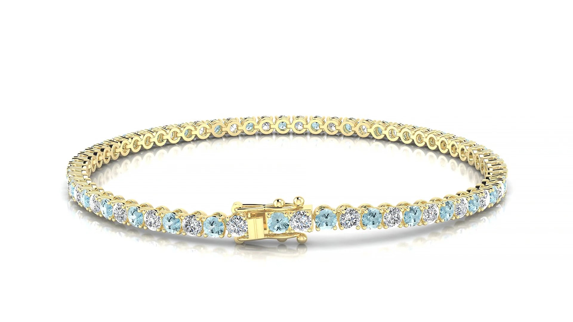 Firenze 1-1 | 18k Yellow Gold 2.5 mm Round Natural Aquamarine & Diamond Tennis Bracelet