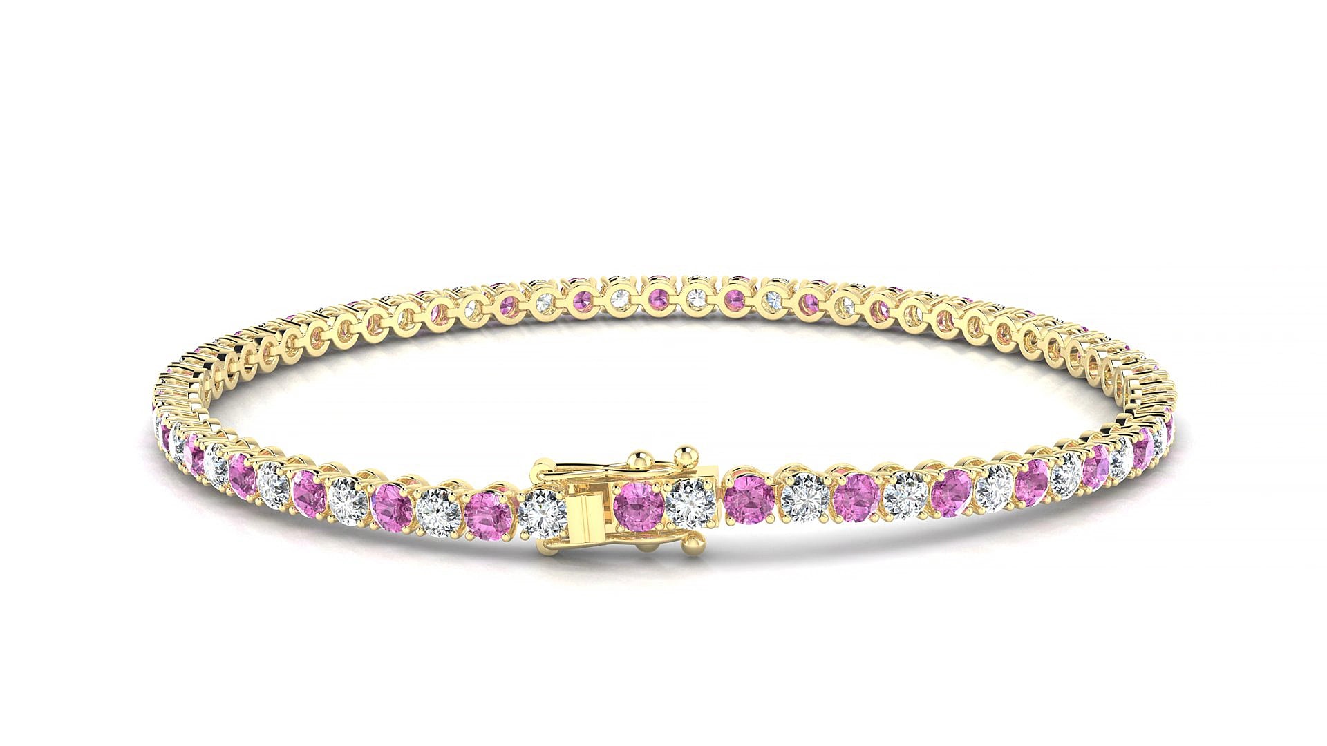 Firenze 1-1 | 18k Yellow Gold 2.5 mm Round Natural Pink Sapphire & Diamond 17 cm Tennis Bracelet