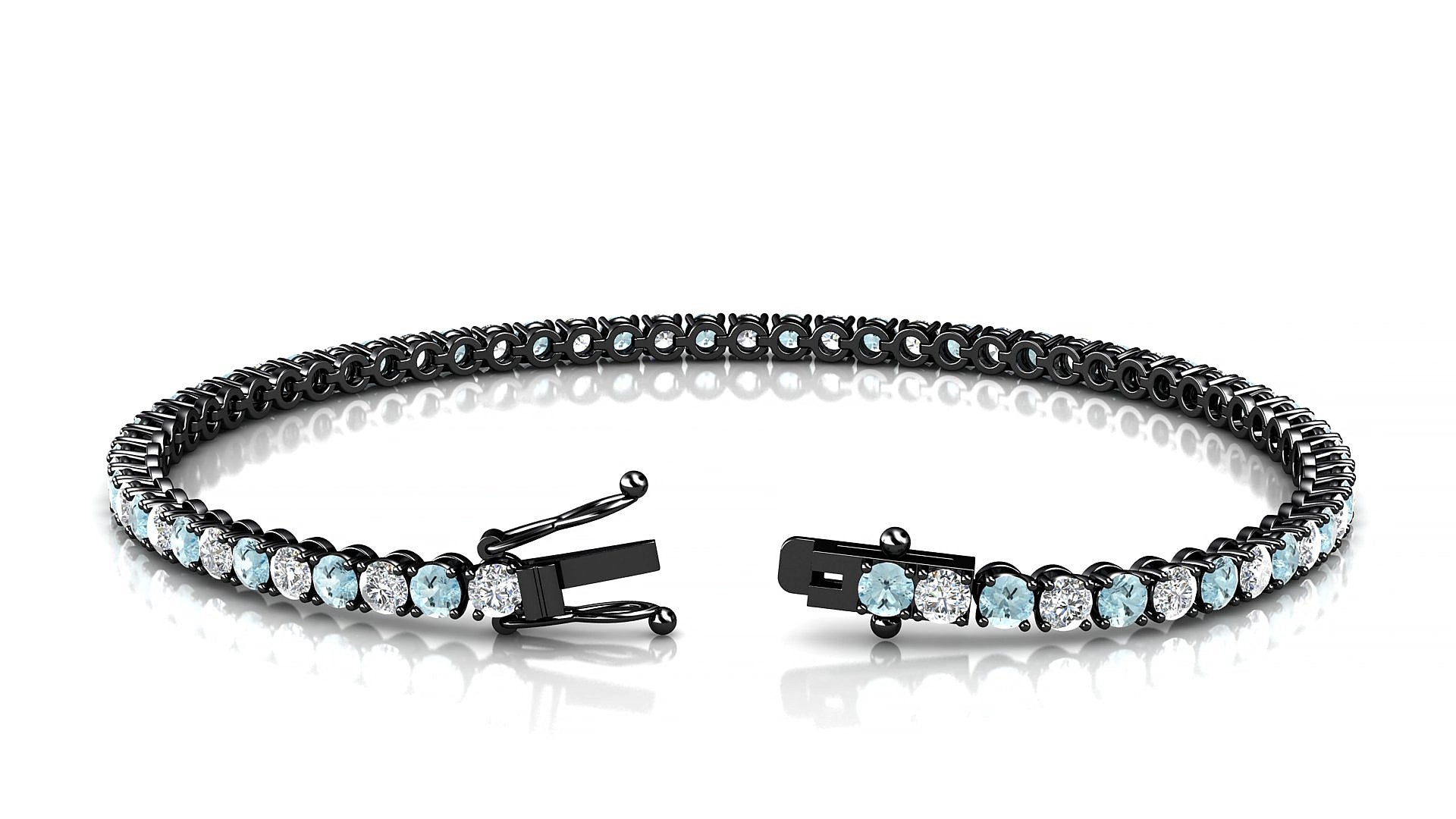 Firenze 1-1 | 18k Black Gold 2.5 mm Round Natural Aquamarine & Diamond 17 cm Tennis Bracelet