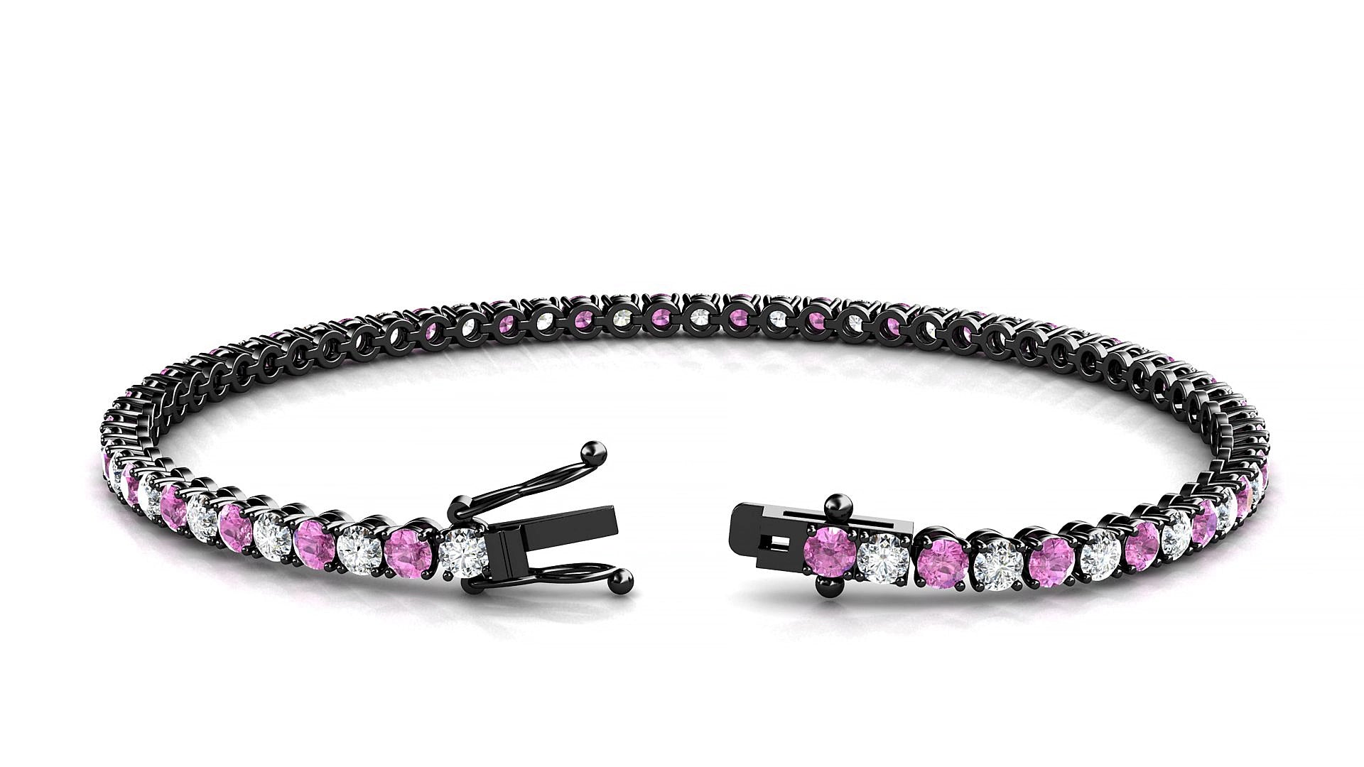 Firenze 1-1 | 18k Black Gold 2.5 mm Round Natural Pink Sapphire & Diamond 15 cm Tennis Bracelet