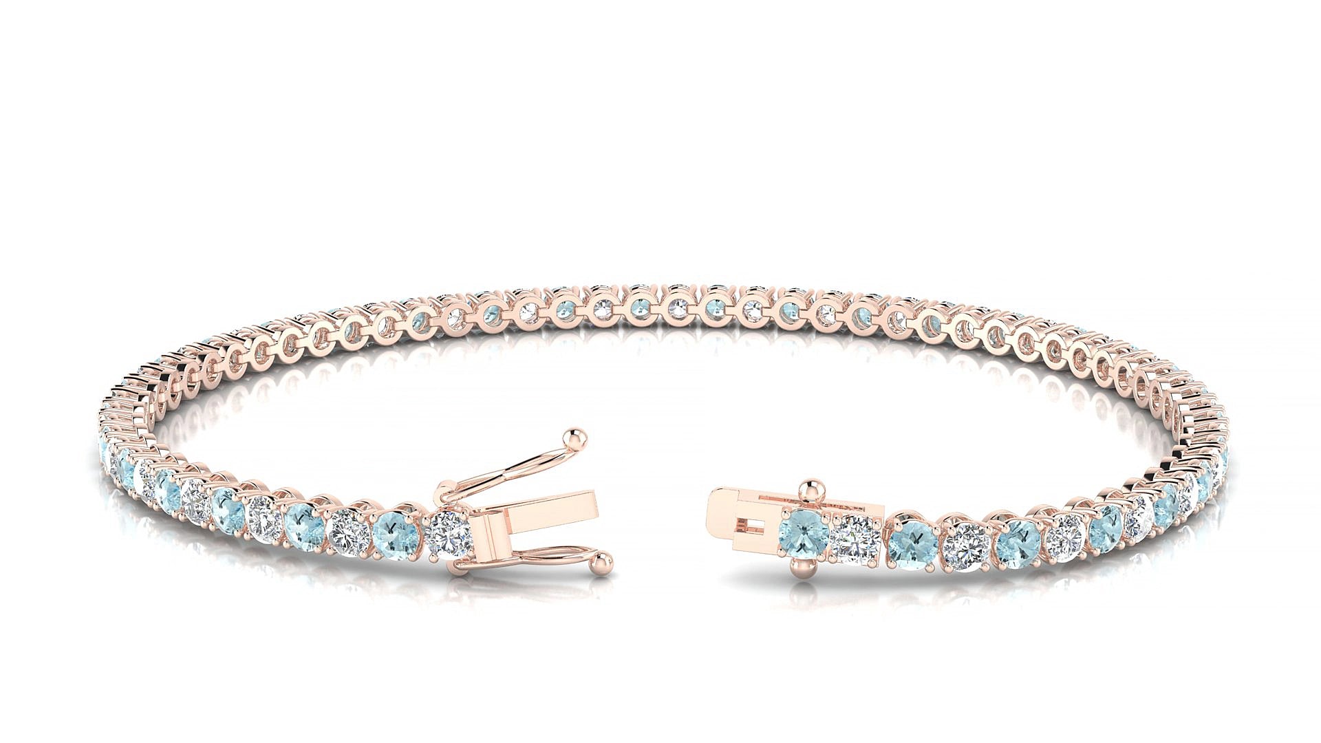 Firenze 1-1 | 18k Rose Gold 2.5 mm Round Natural Aquamarine & Diamond 17 cm Tennis Bracelet