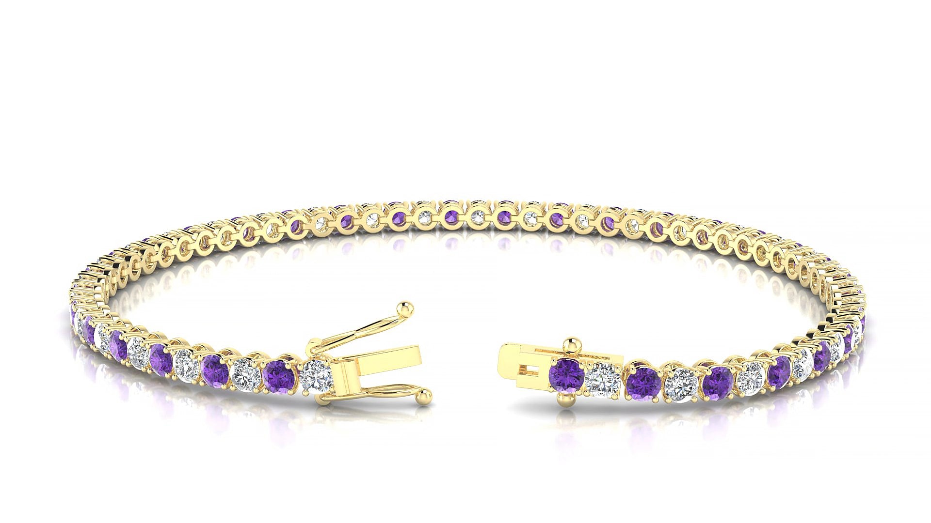 Firenze 1-1 | 18k Yellow Gold 2.5 mm Round Natural Amethyst & Diamond 15 cm Tennis Bracelet