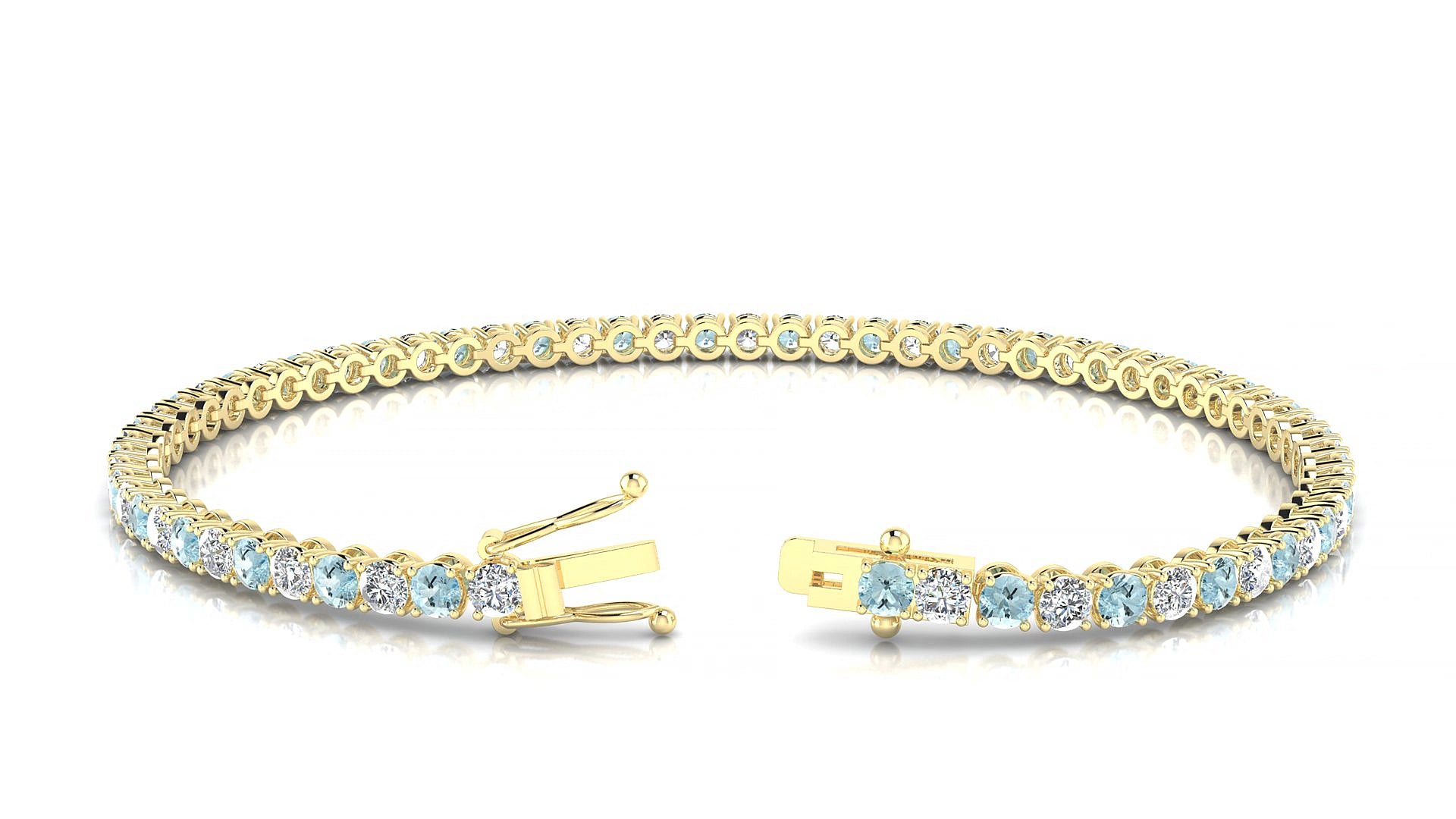 Firenze 1-1 | 18k Yellow Gold 2.5 mm Round Natural Aquamarine & Diamond 15 cm Tennis Bracelet