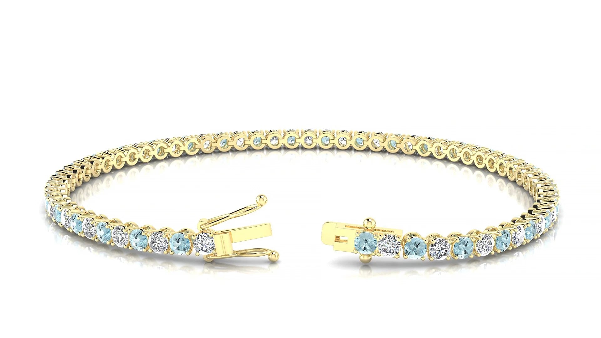 Firenze 1-1 | 18k Yellow Gold 2.5 mm Round Natural Aquamarine & Diamond Tennis Bracelet