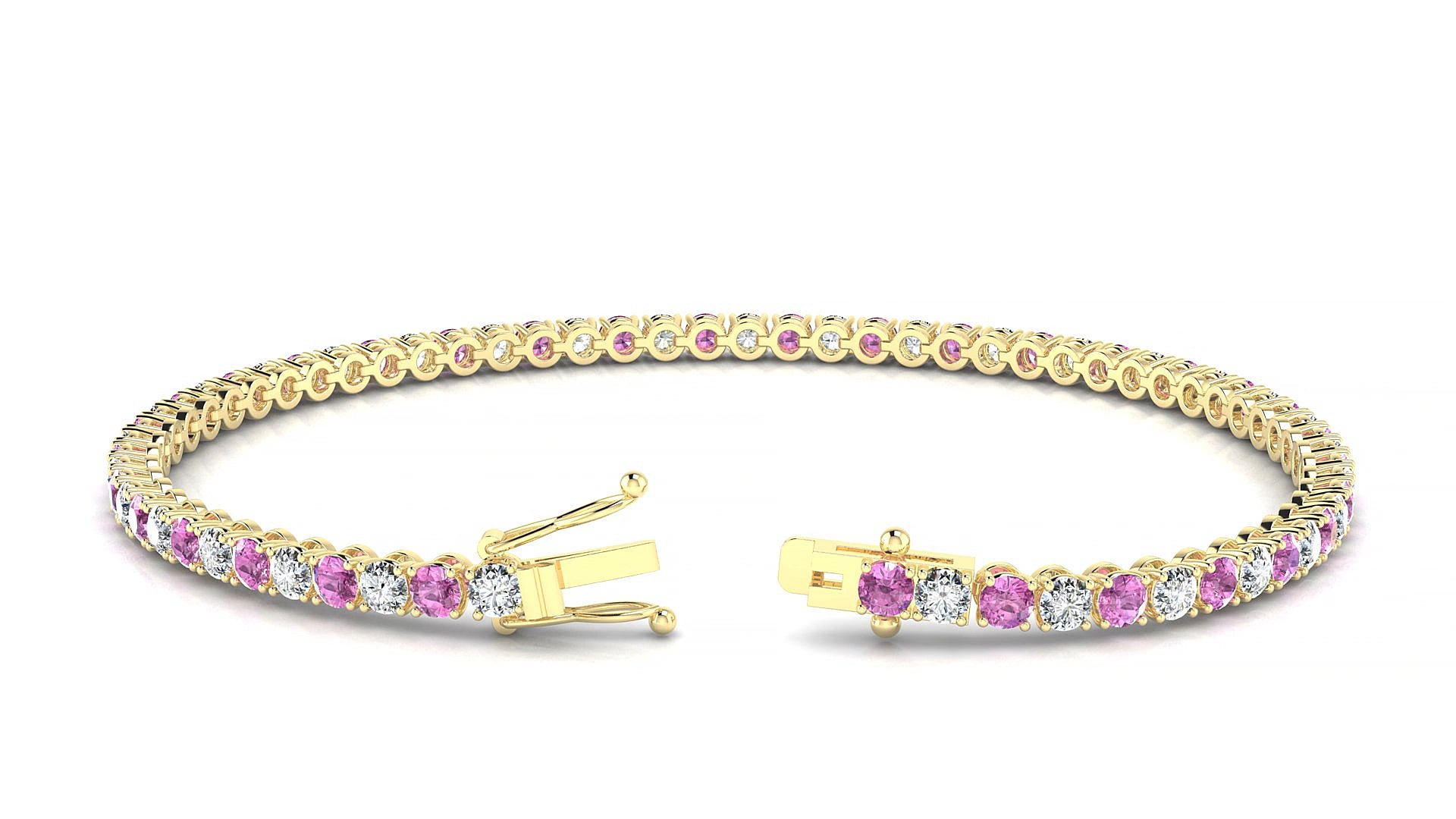 Firenze 1-1 | 18k Yellow Gold 2.5 mm Round Natural Pink Sapphire & Diamond 18 cm Tennis Bracelet