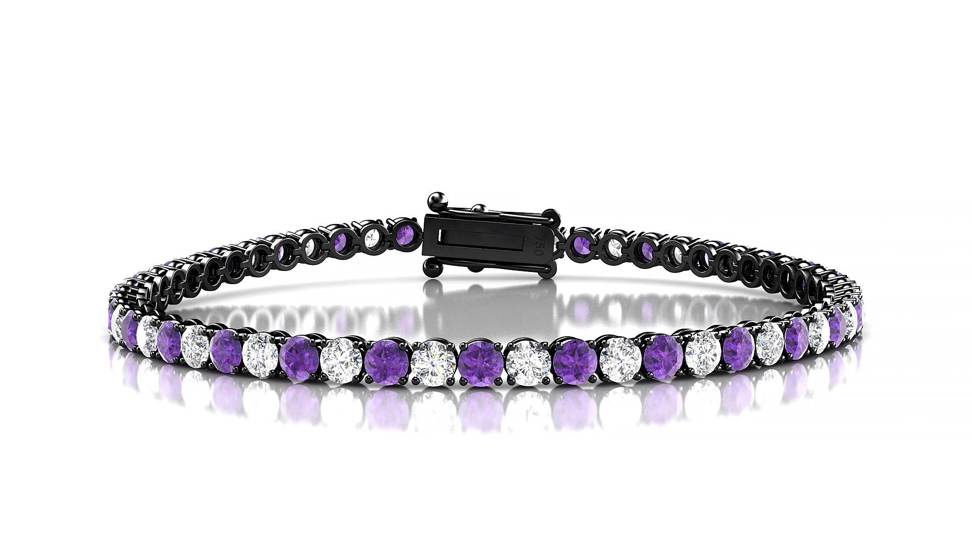 Firenze 1-1 | 18k Black Gold 3 mm Round Natural Amethyst & Diamond 16 cm Tennis Bracelet