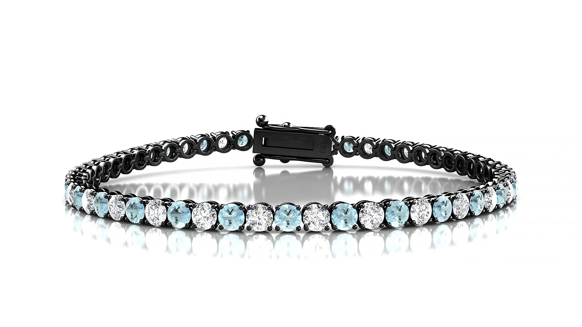 Firenze 1-1 | 18k Black Gold 3 mm Round Natural Aquamarine & Diamond 17 cm Tennis Bracelet