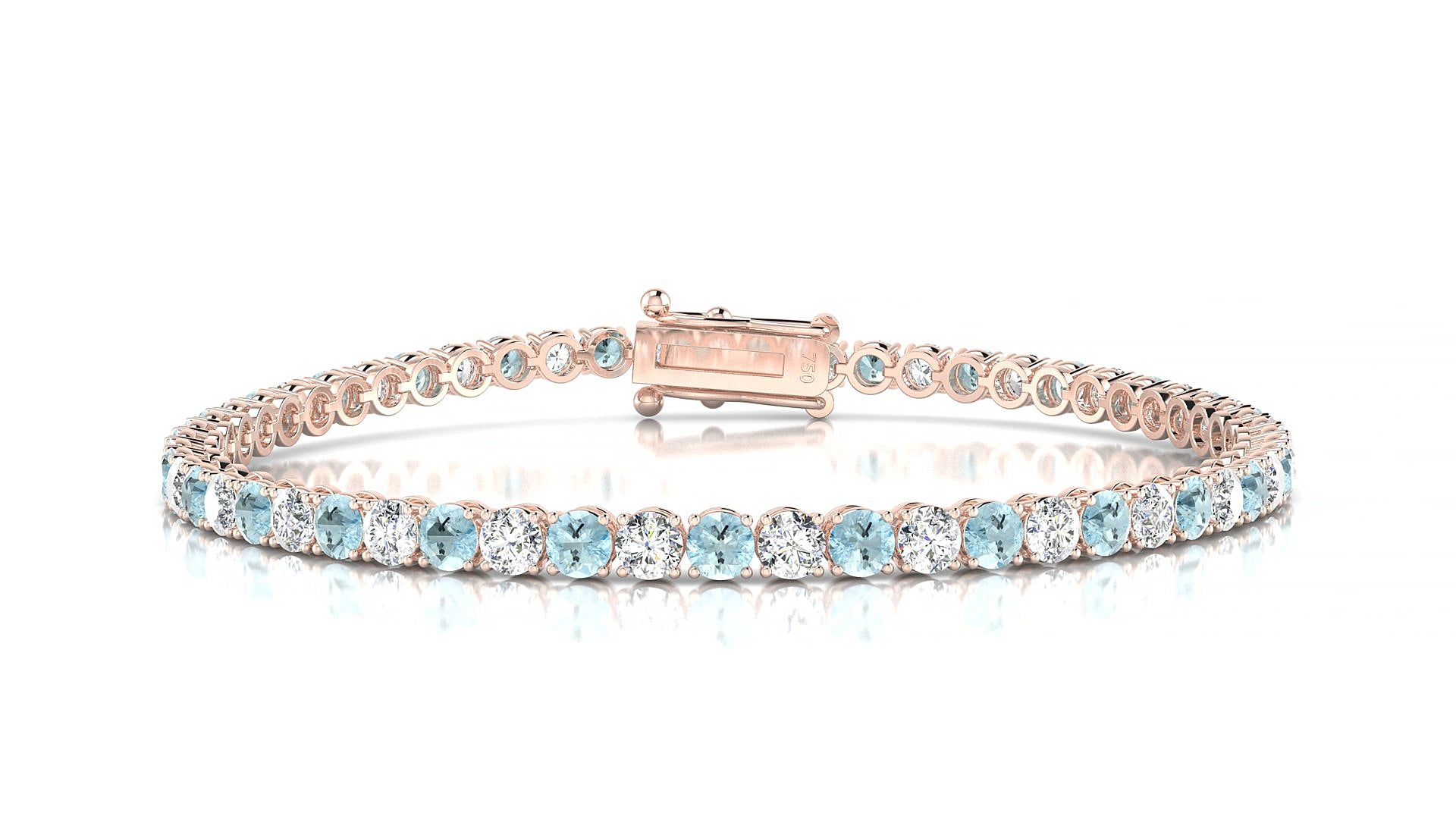 Firenze 1-1 | 18k Rose Gold 3 mm Round Natural Aquamarine & Diamond 15 cm Tennis Bracelet