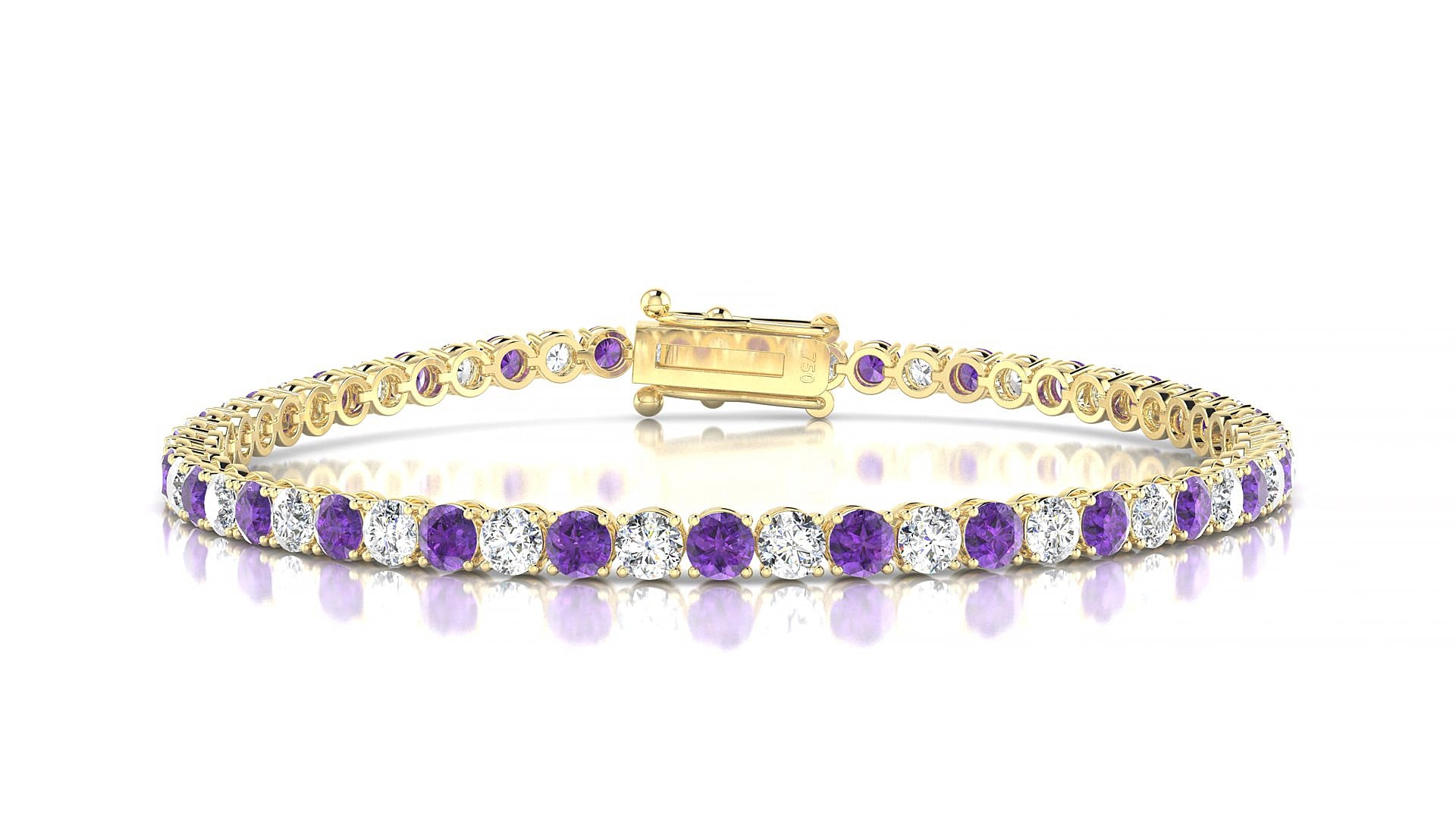 Firenze 1-1 | 18k Yellow Gold 3 mm Round Natural Amethyst & Diamond 18 cm Tennis Bracelet
