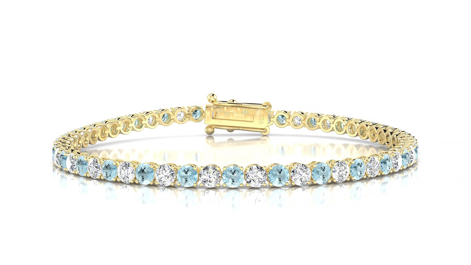 Firenze 1-1 | 18k Yellow Gold 3 mm Round Natural Aquamarine & Diamond 17 cm Tennis Bracelet