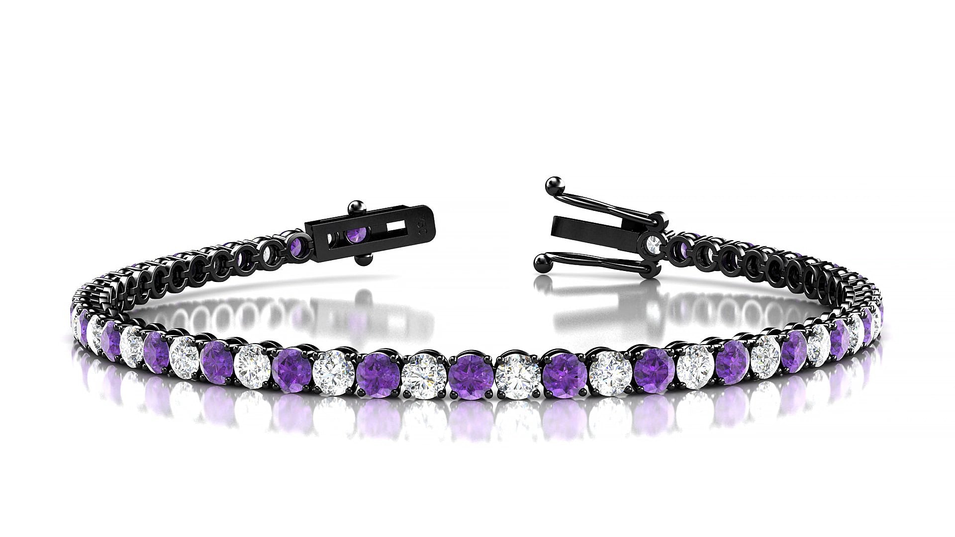 Firenze 1-1 | 18k Black Gold 3 mm Round Natural Amethyst & Diamond 16 cm Tennis Bracelet