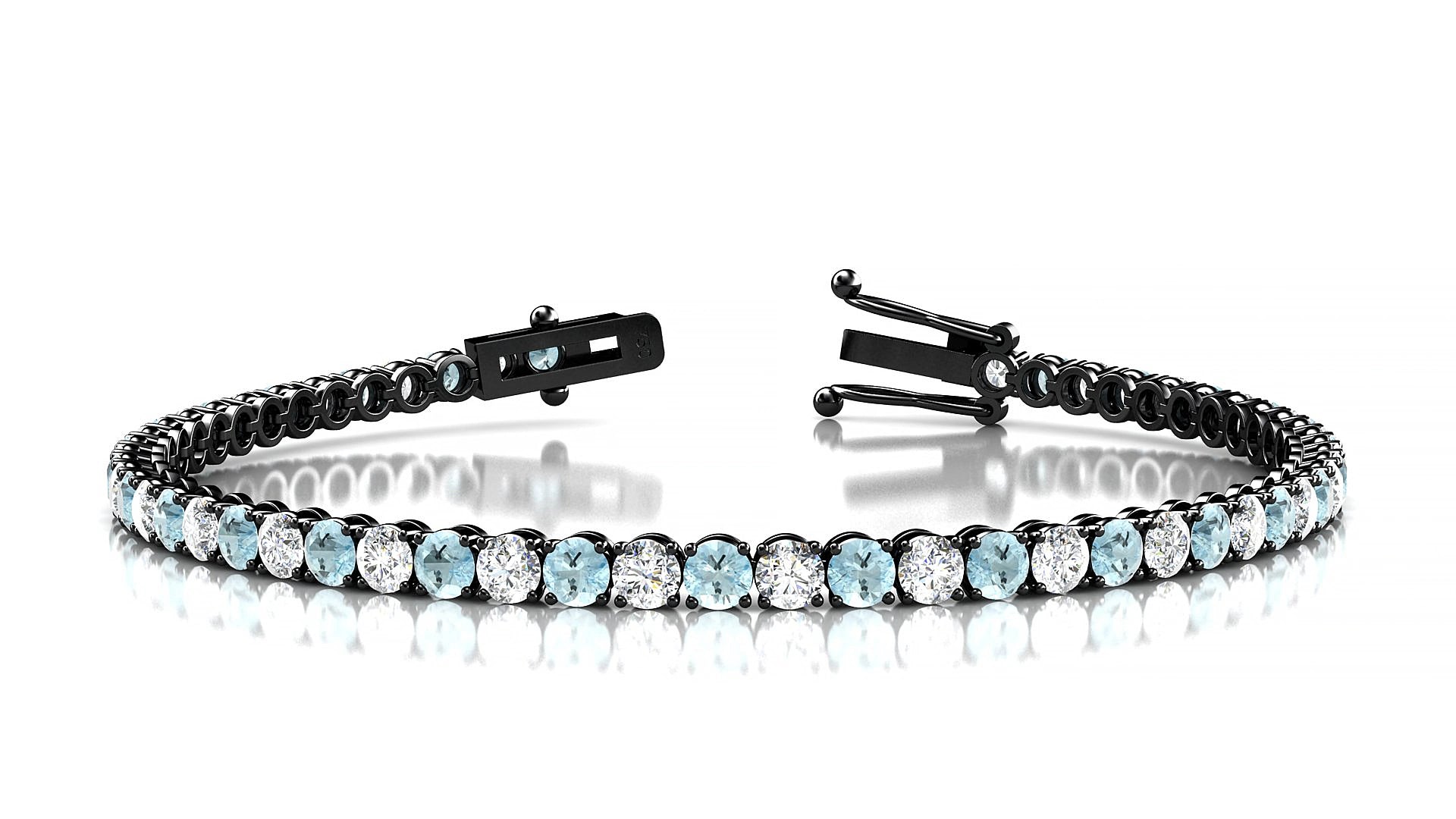 Firenze 1-1 | 18k Black Gold 3 mm Round Natural Aquamarine & Diamond 15 cm Tennis Bracelet
