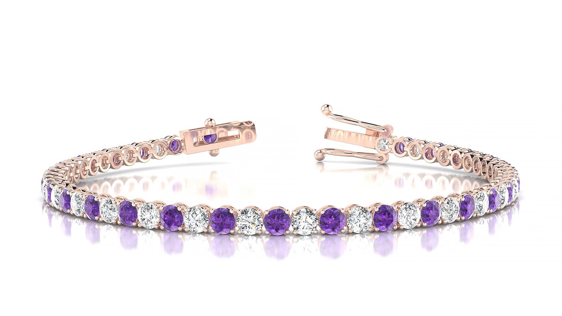 Firenze 1-1 | 18k Rose Gold 3 mm Round Natural Amethyst & Diamond 15 cm Tennis Bracelet